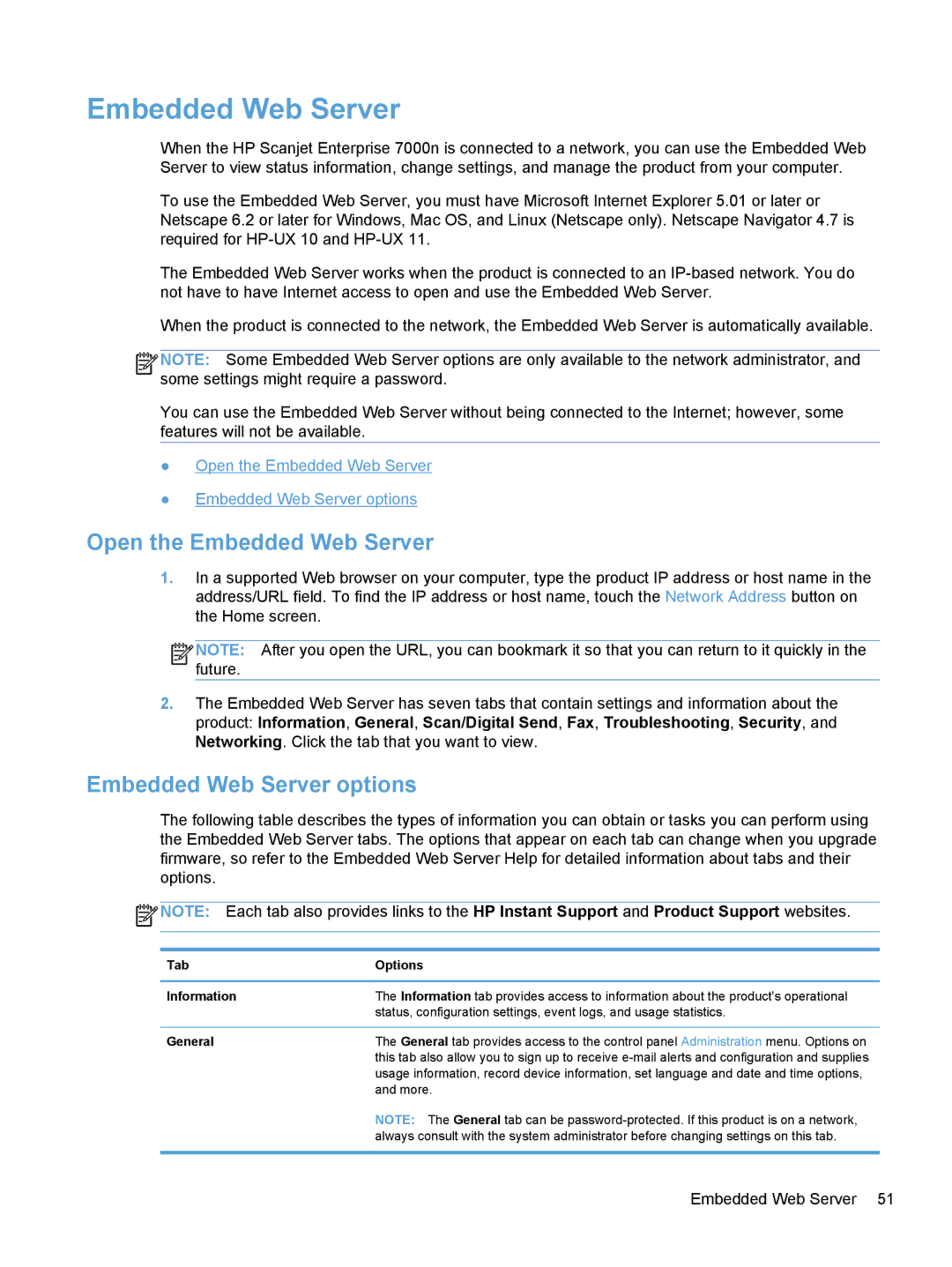 HP Enterprise Flow 7000 S2 Sheet-Feed 7000N manual Open the Embedded Web Server, Embedded Web Server options, General 