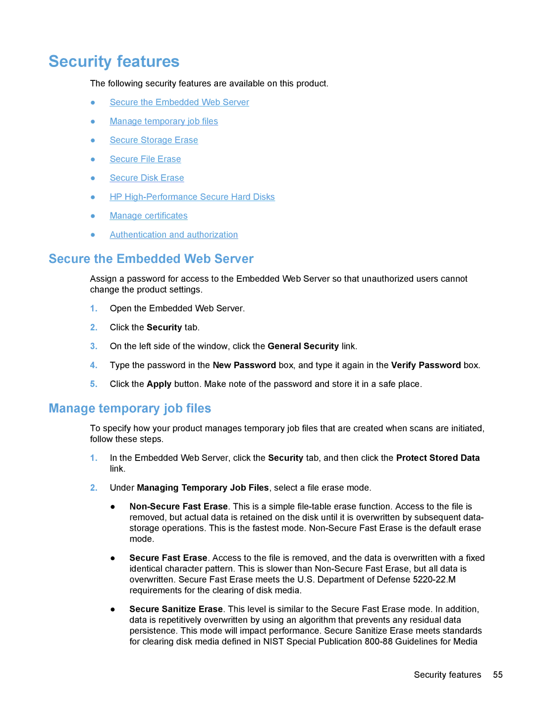 HP Enterprise Flow 7000 S2 Sheet-Feed 7000N Security features, Secure the Embedded Web Server, Manage temporary job files 