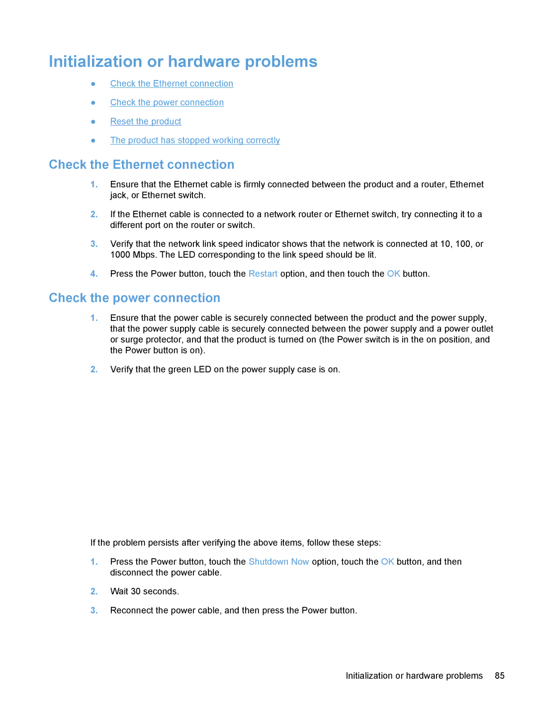 HP Enterprise Flow 7000 S2 Sheet-Feed 7000N manual Initialization or hardware problems, Check the Ethernet connection 