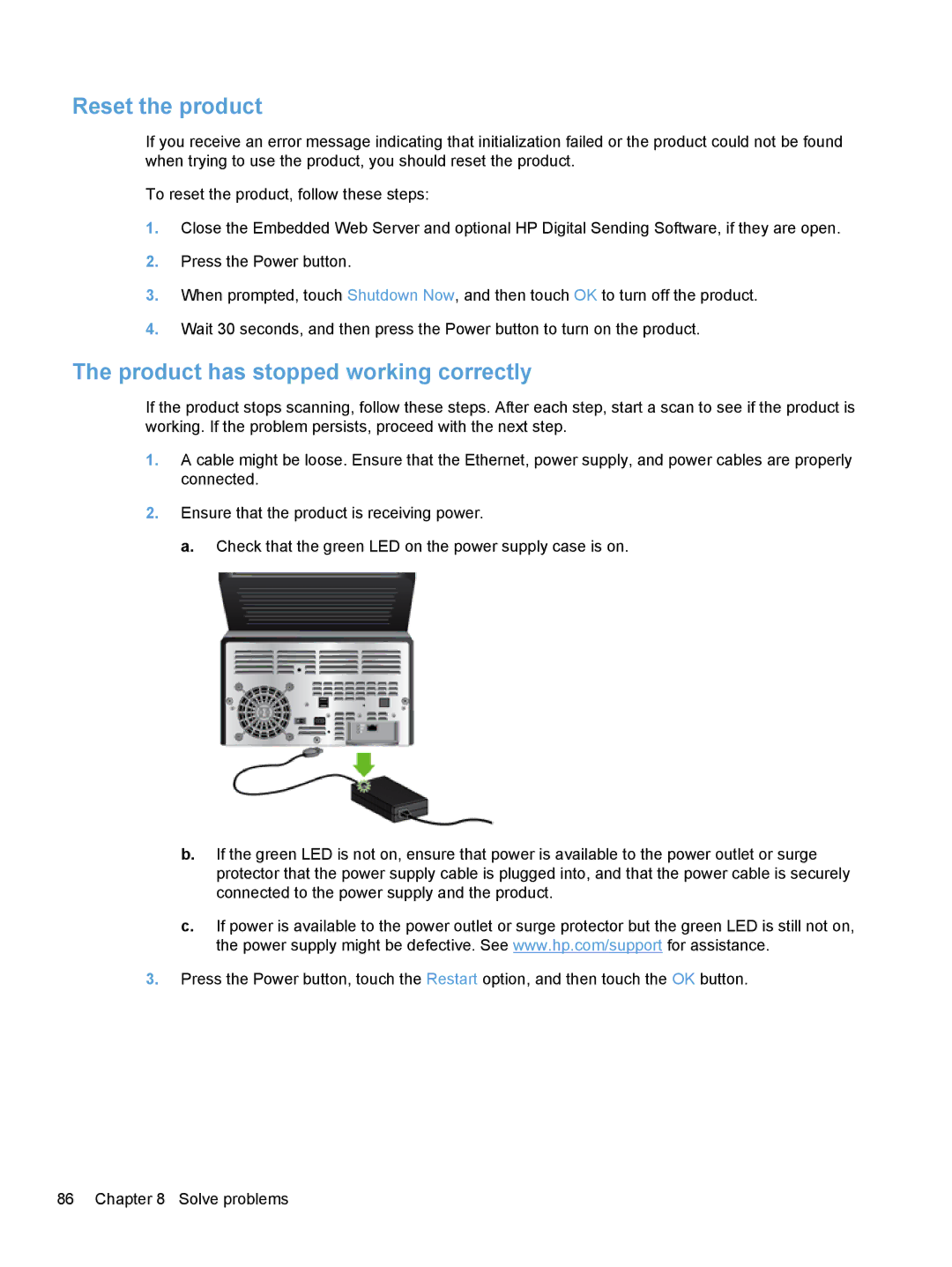 HP Enterprise Flow 7000 S2 Sheet-Feed L2730BBGJ manual Reset the product, Product has stopped working correctly 