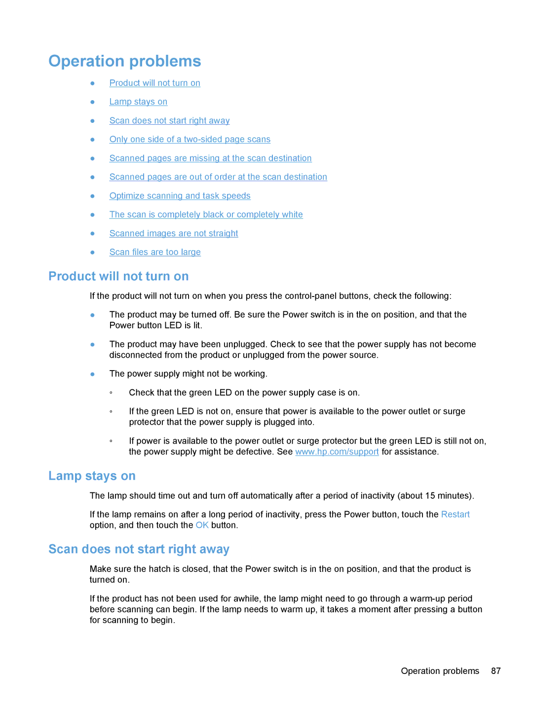 HP Enterprise Flow 7000 S2 Sheet-Feed 7000N manual Operation problems, Product will not turn on, Lamp stays on 