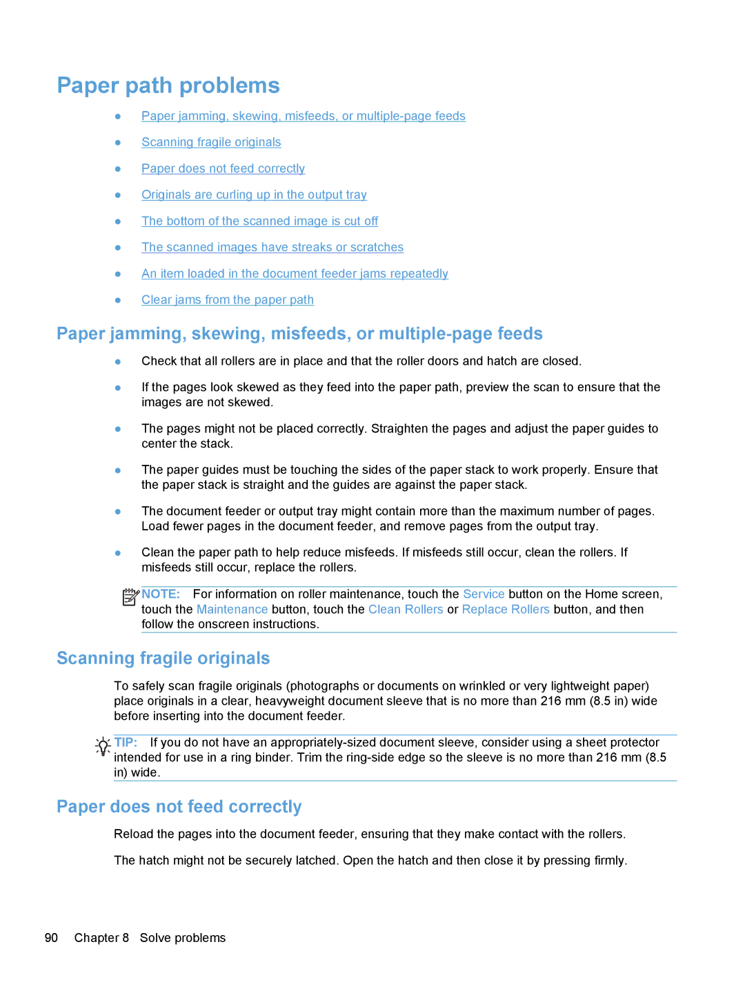 HP Enterprise Flow 7000 S2 Sheet-Feed L2730BBGJ manual Paper path problems, Scanning fragile originals 