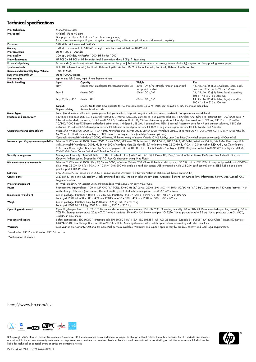 HP ENTERPRISE P3010 manual Technical specifications 