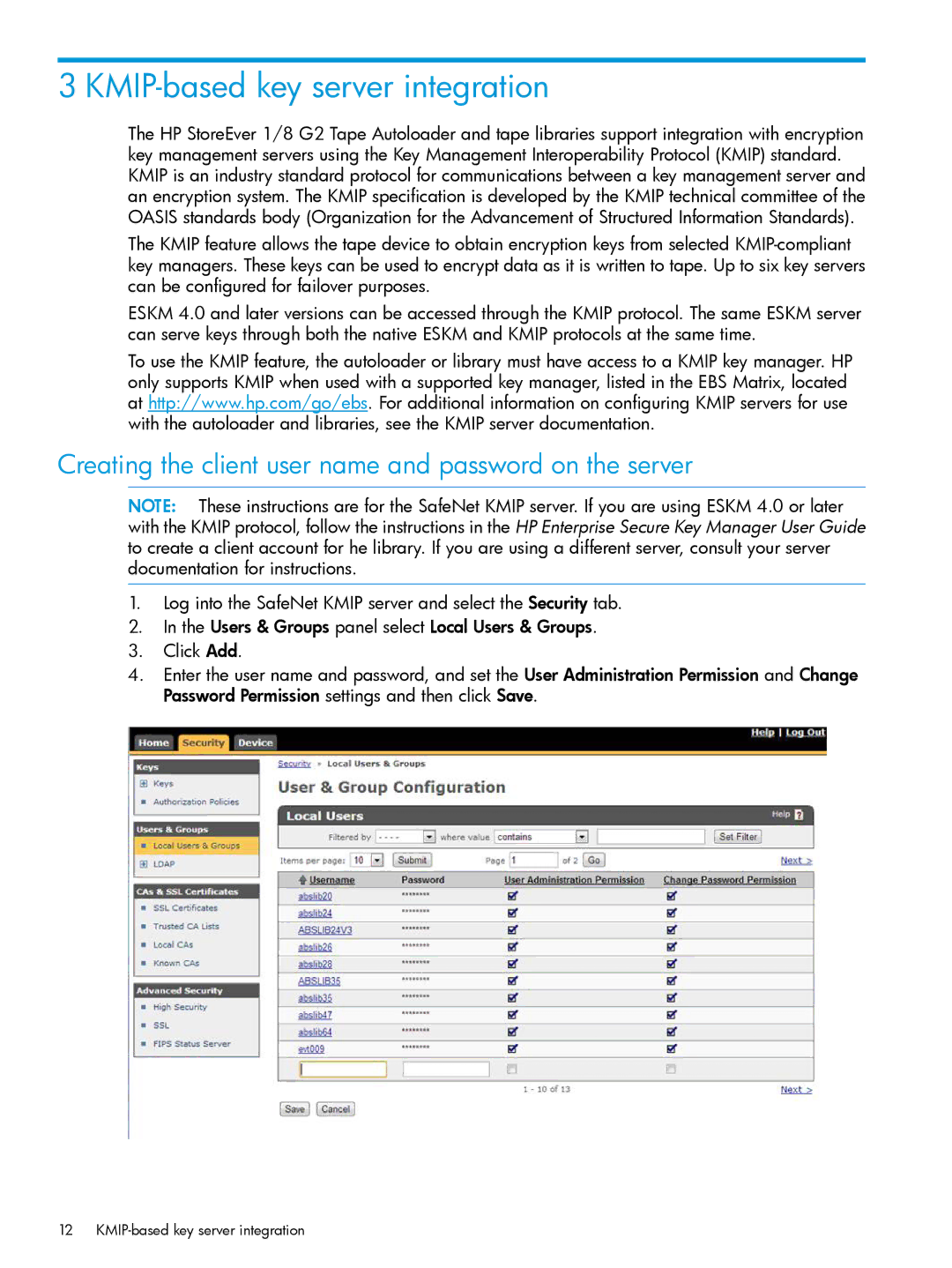 HP Enterprise Secure Key Manager manual KMIP-based key server integration 