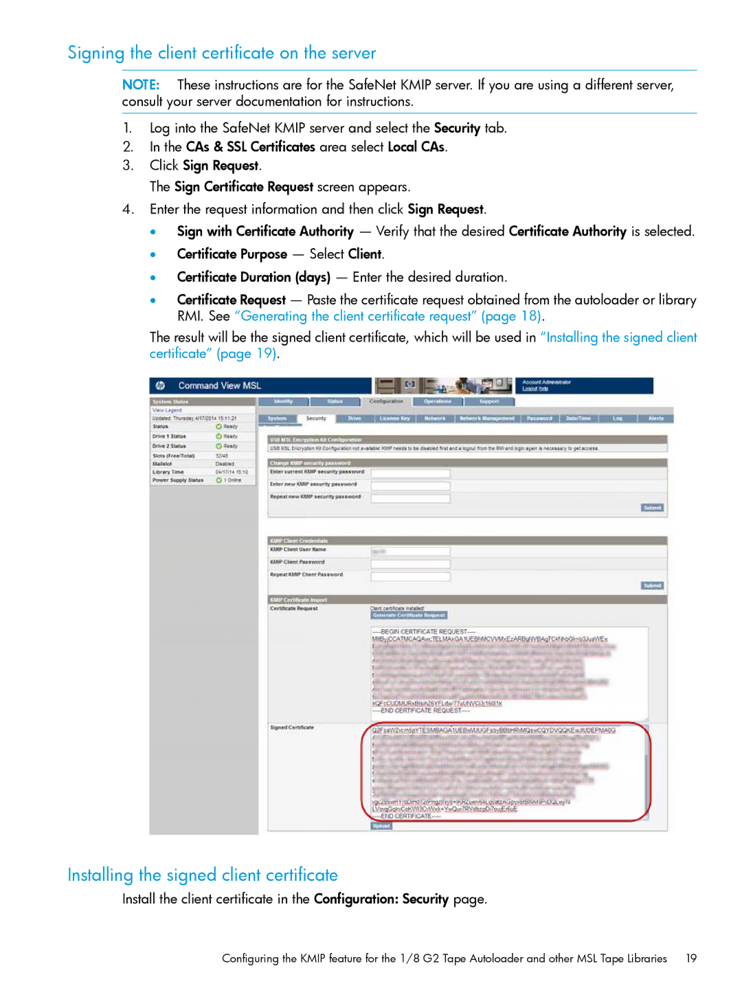 HP Enterprise Secure Key Manager Signing the client certificate on the server, Installing the signed client certificate 