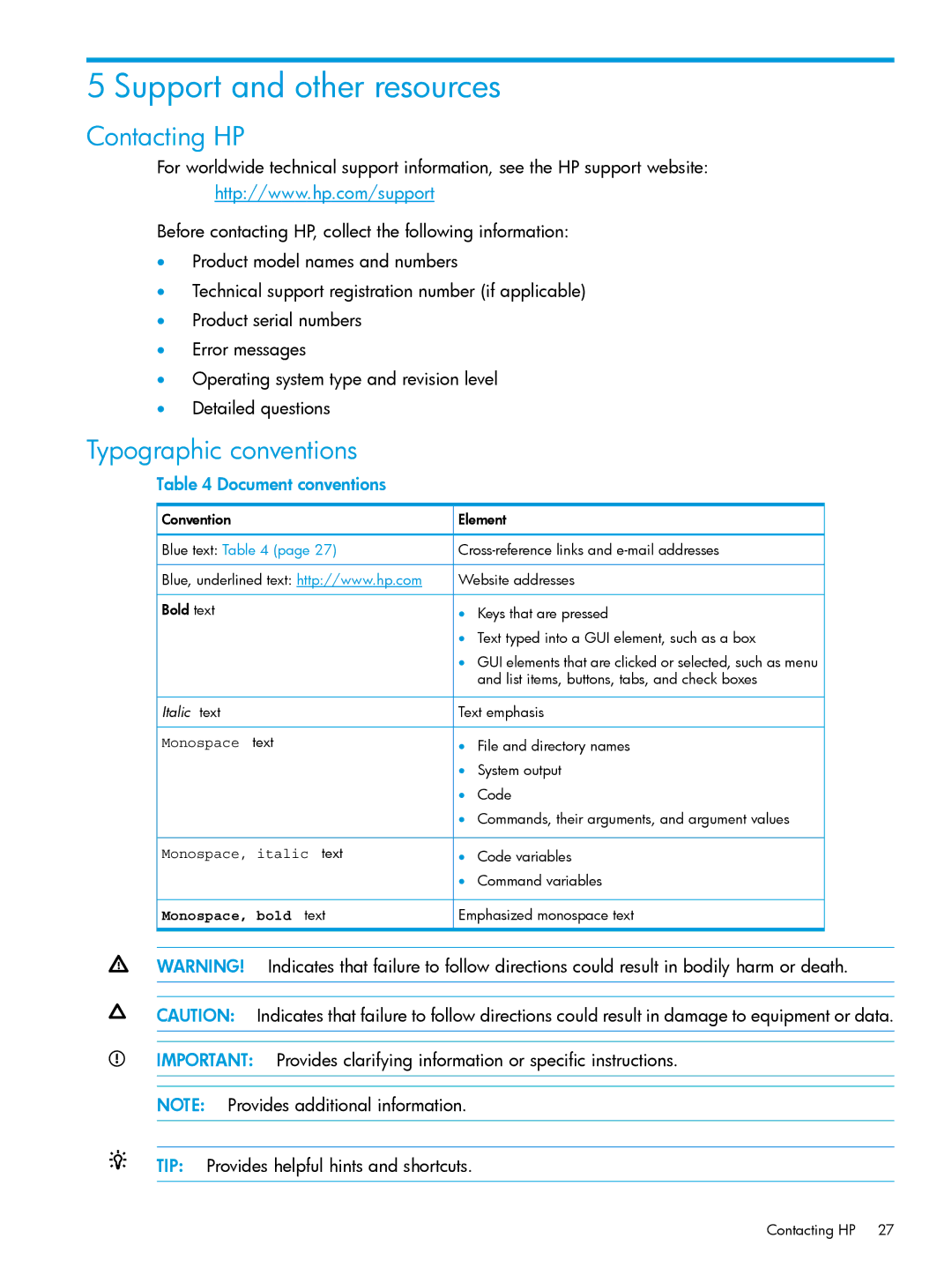 HP Enterprise Secure Key Manager manual Support and other resources, Contacting HP, Typographic conventions 