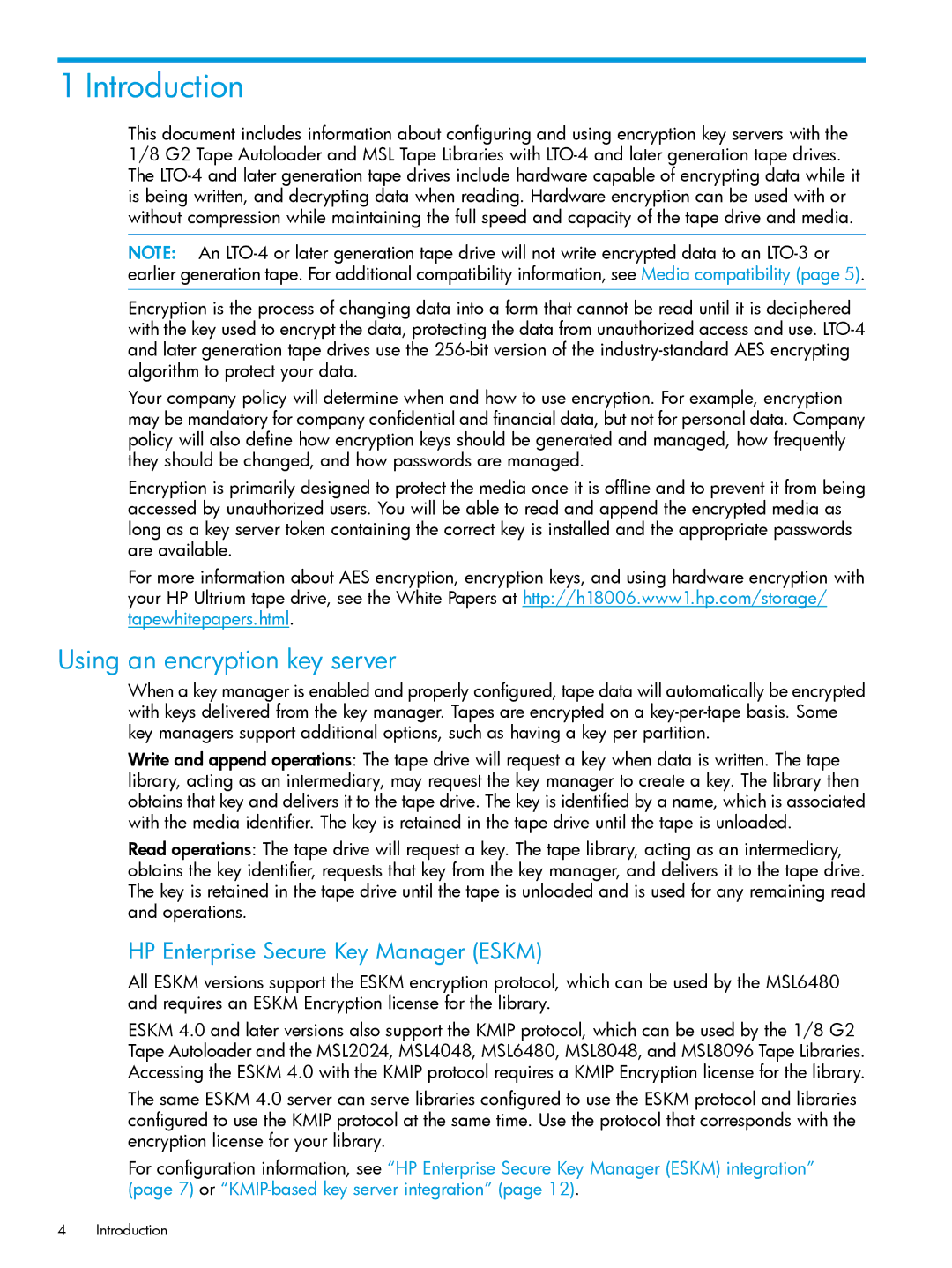 HP manual Introduction, Using an encryption key server, HP Enterprise Secure Key Manager Eskm 