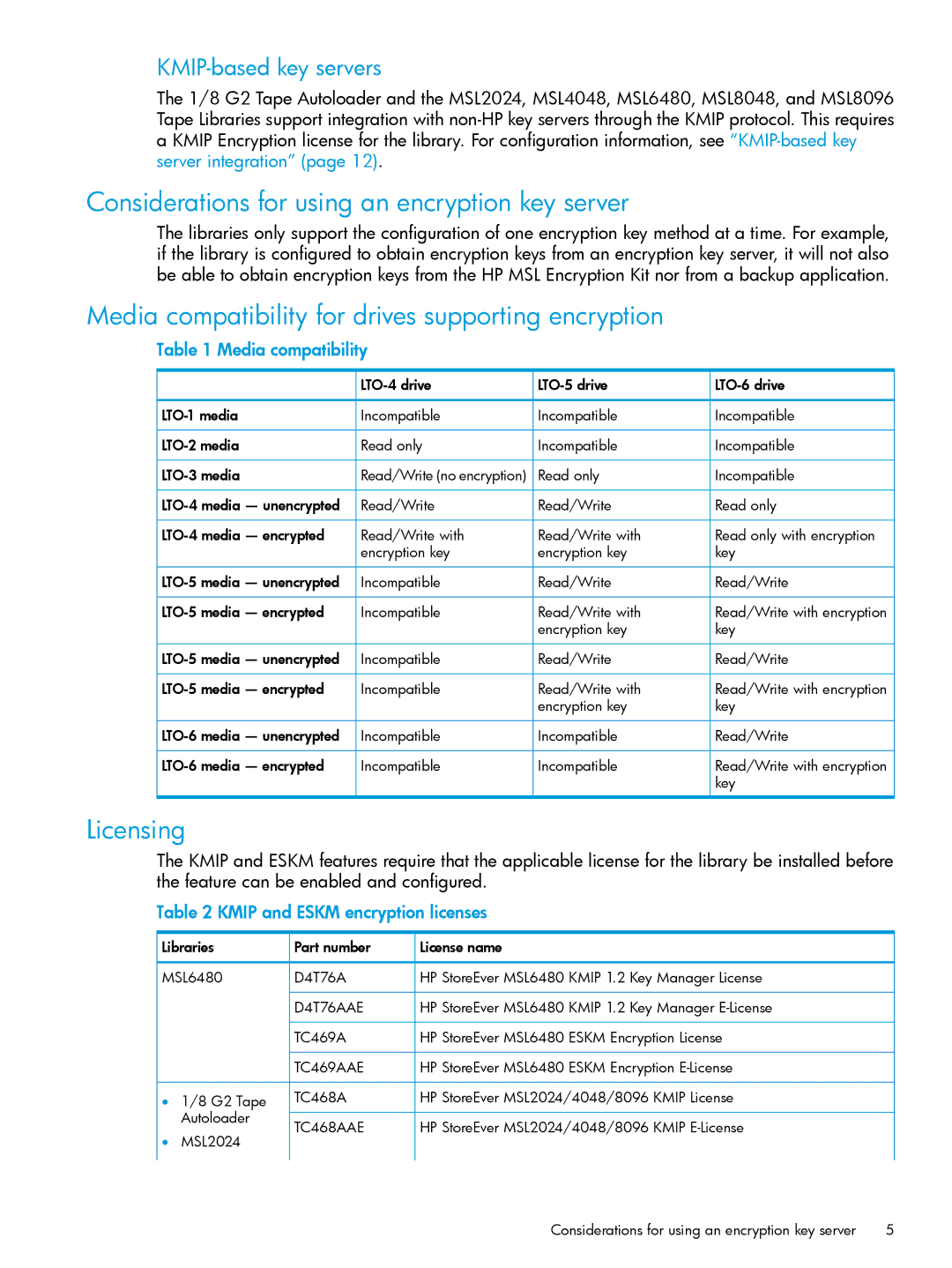 HP Enterprise Secure Key Manager Considerations for using an encryption key server, Licensing, KMIP-based key servers 