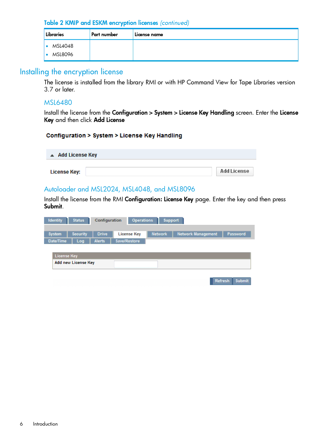 HP Enterprise Secure Key Manager manual Installing the encryption license, MSL6480 