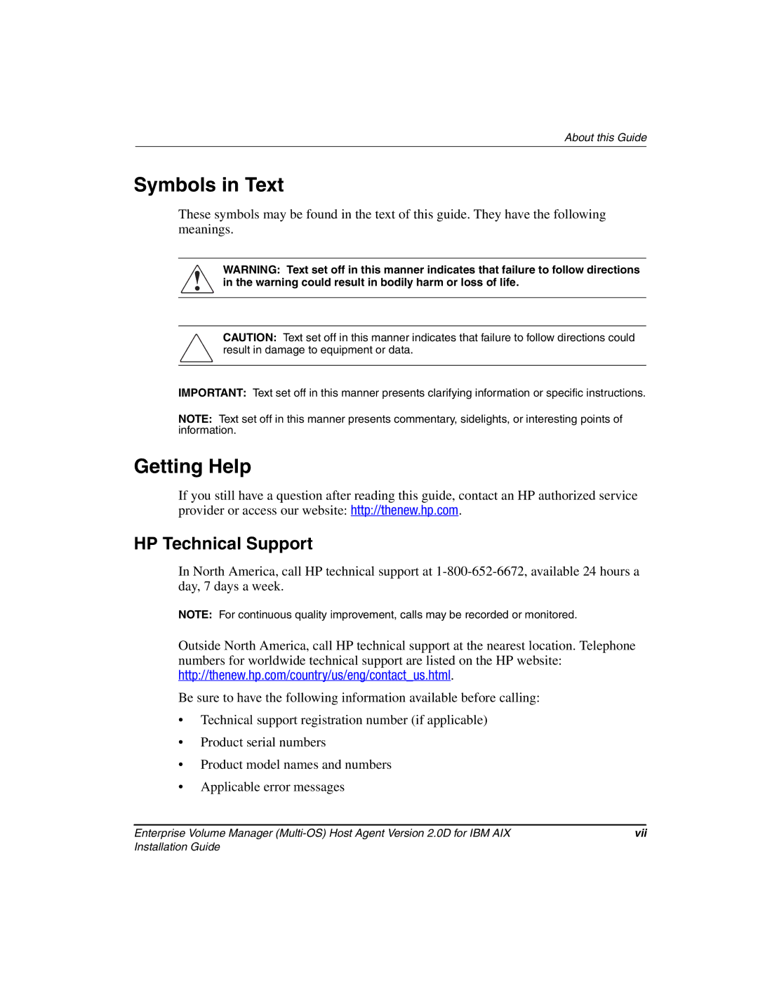 HP Enterprise Volume Manager Software manual Symbols in Text, Getting Help 