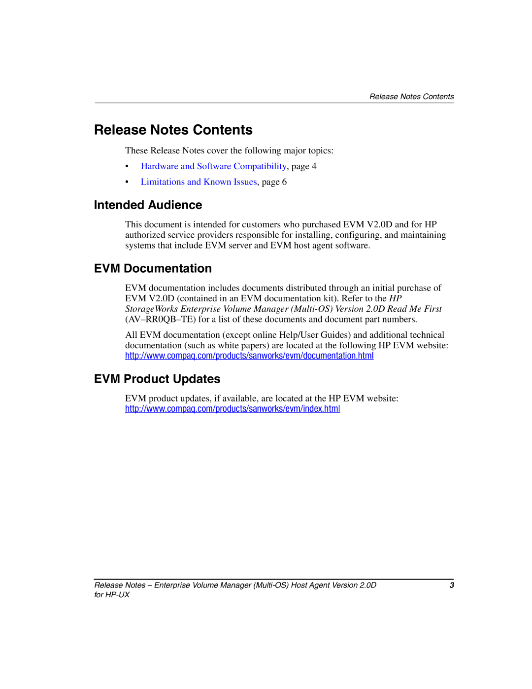 HP Enterprise Volume Manager Software manual Release Notes Contents 