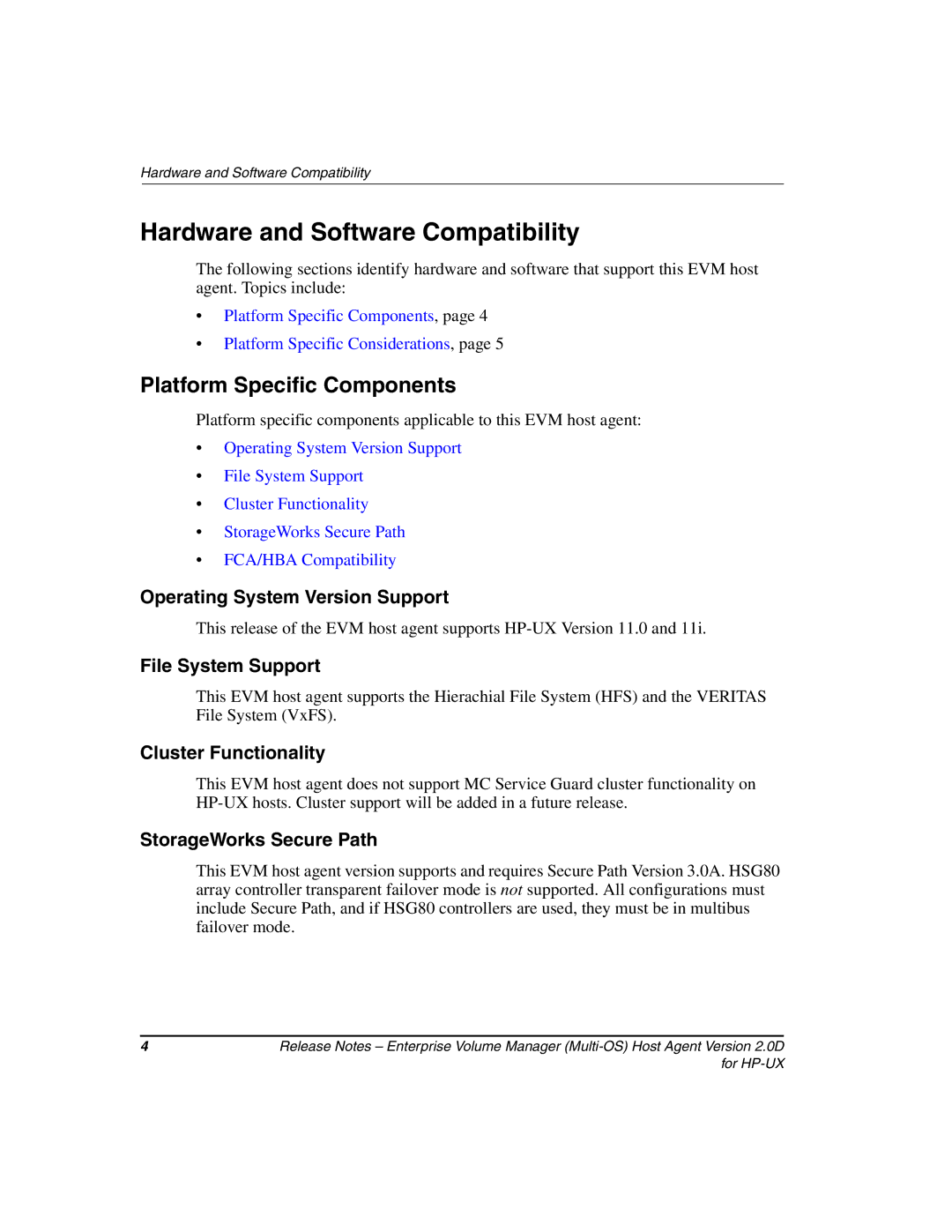 HP Enterprise Volume Manager Software Platform Specific Components, Operating System Version Support, File System Support 