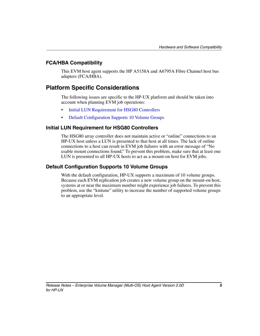HP Enterprise Volume Manager Software manual Platform Specific Considerations, FCA/HBA Compatibility 