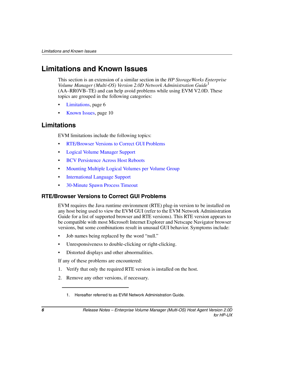HP Enterprise Volume Manager Software manual Limitations, RTE/Browser Versions to Correct GUI Problems 
