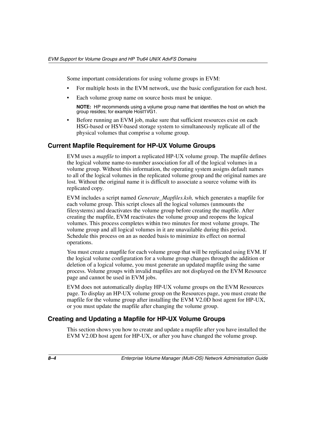 HP Enterprise Volume Manager Software manual Current Mapfile Requirement for HP-UX Volume Groups 