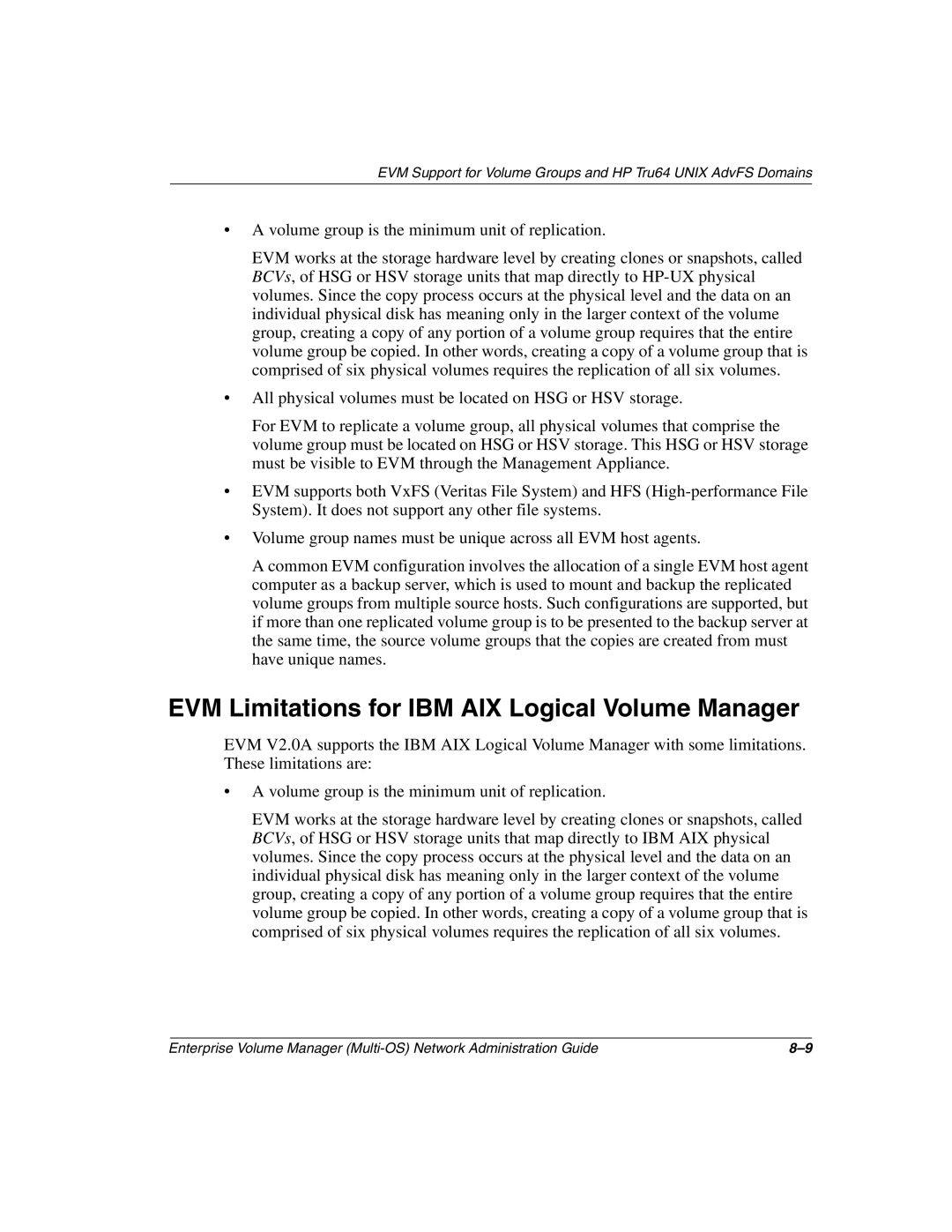 HP Enterprise Volume Manager Software manual EVM Limitations for IBM AIX Logical Volume Manager 