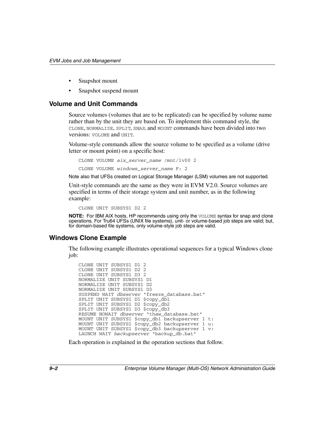 HP Enterprise Volume Manager Software manual Volume and Unit Commands, Windows Clone Example 