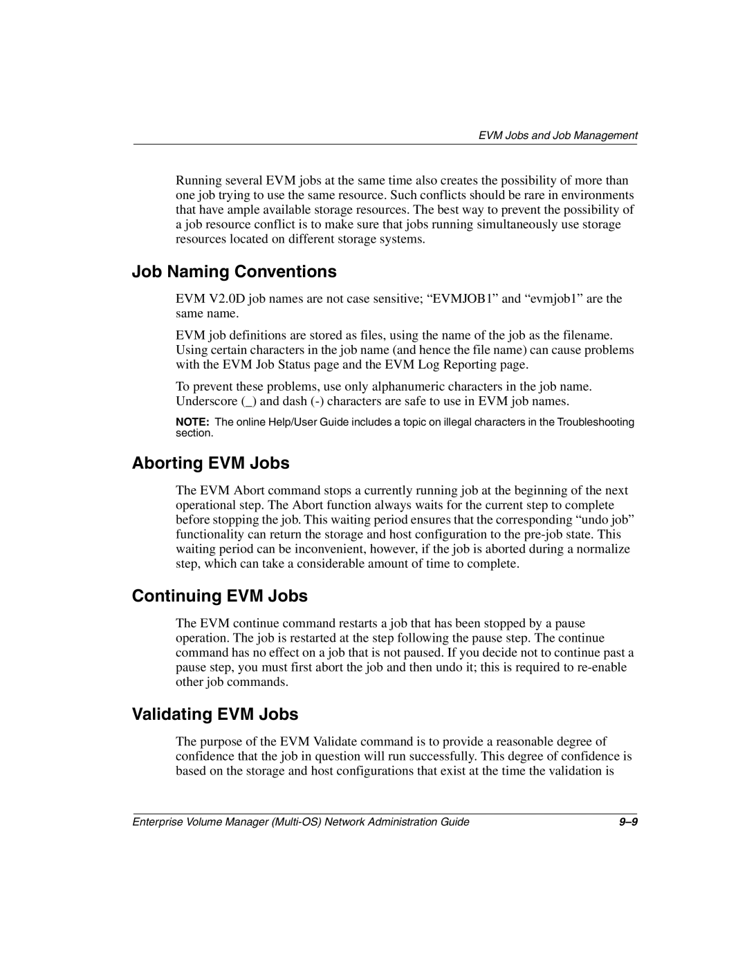 HP Enterprise Volume Manager Software Job Naming Conventions, Aborting EVM Jobs, Continuing EVM Jobs, Validating EVM Jobs 