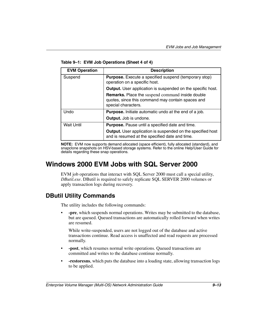 HP Enterprise Volume Manager Software manual Windows 2000 EVM Jobs with SQL Server, DButil Utility Commands 