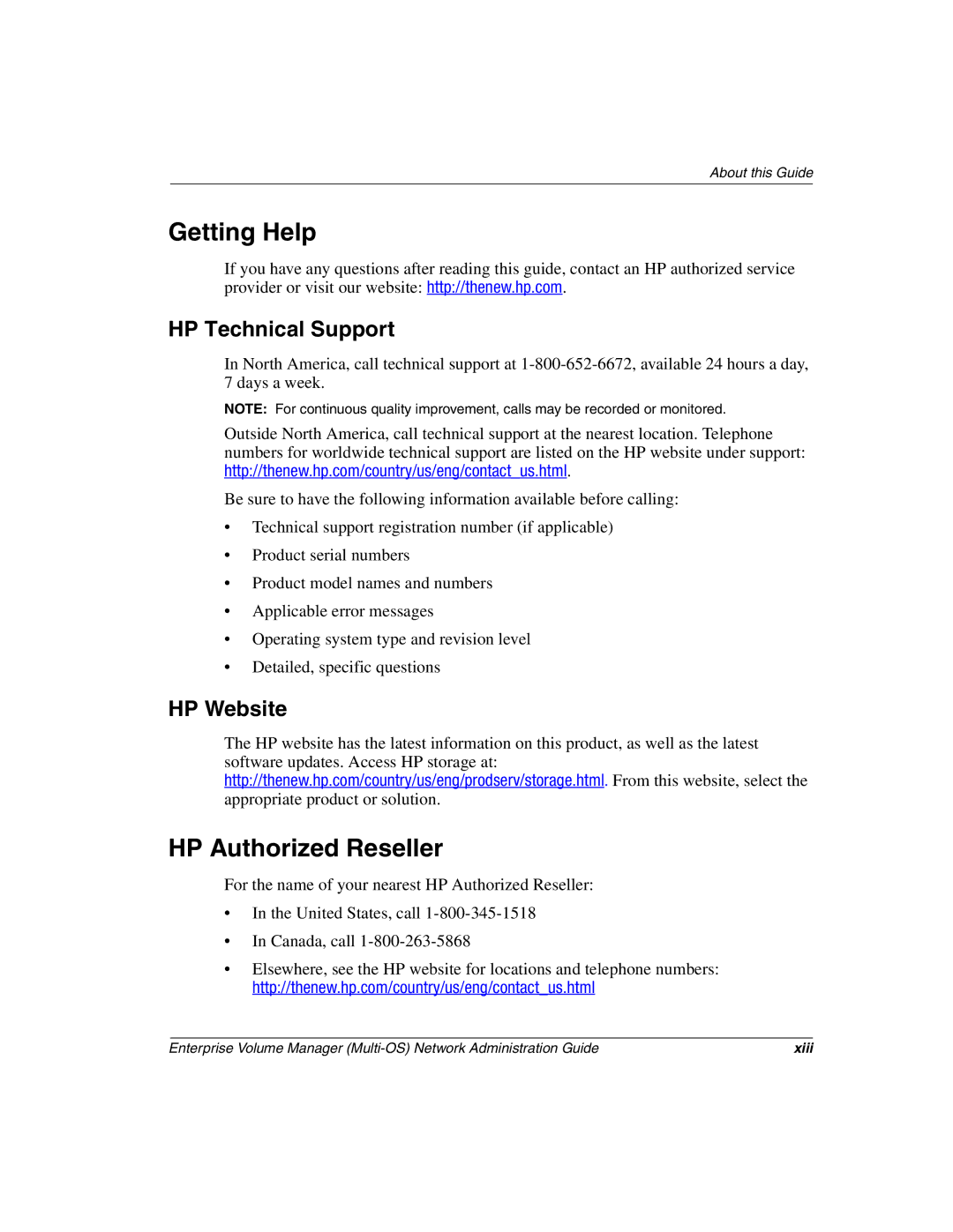 HP Enterprise Volume Manager Software manual Getting Help, HP Authorized Reseller, HP Technical Support, HP Website 