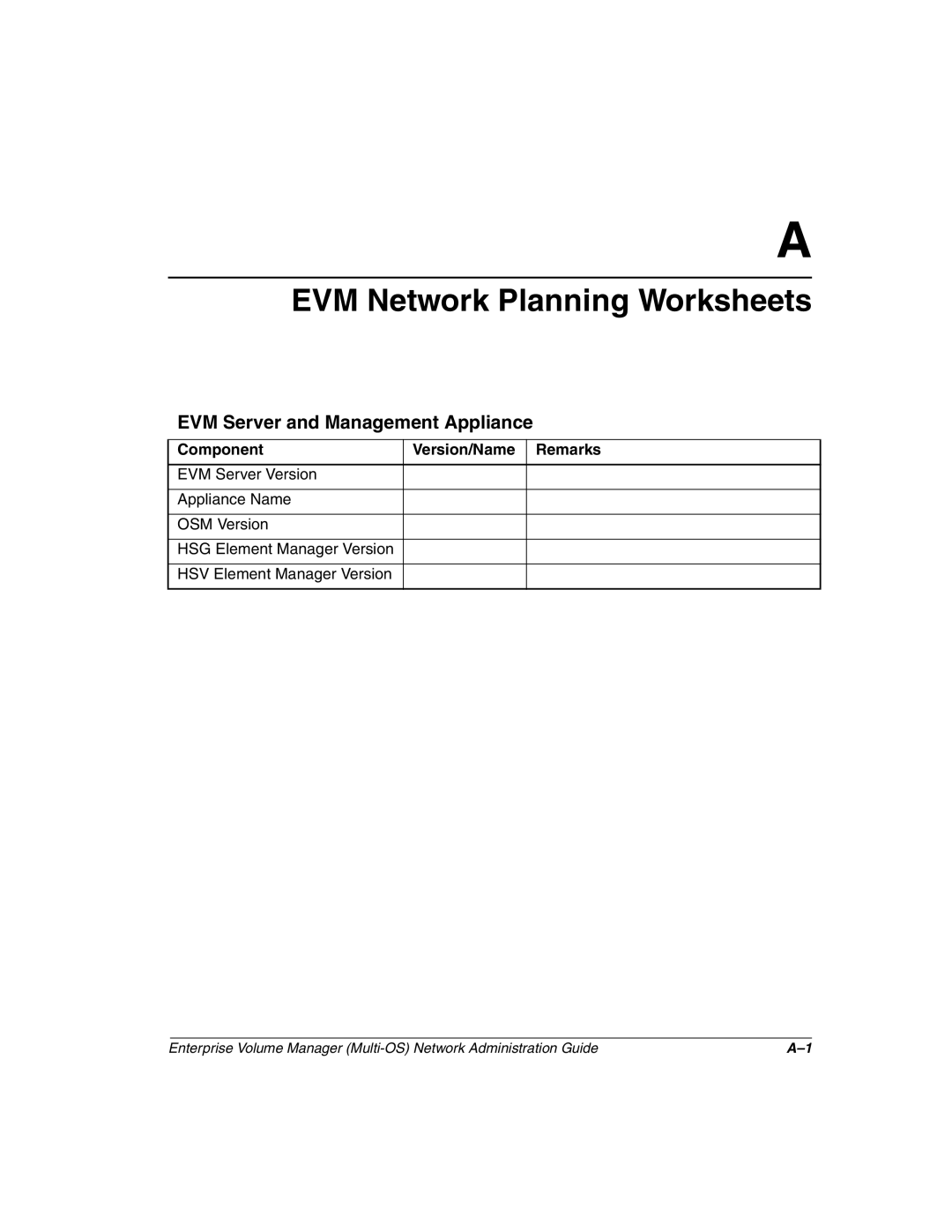 HP Enterprise Volume Manager Software manual EVM Network Planning Worksheets, EVM Server and Management Appliance 