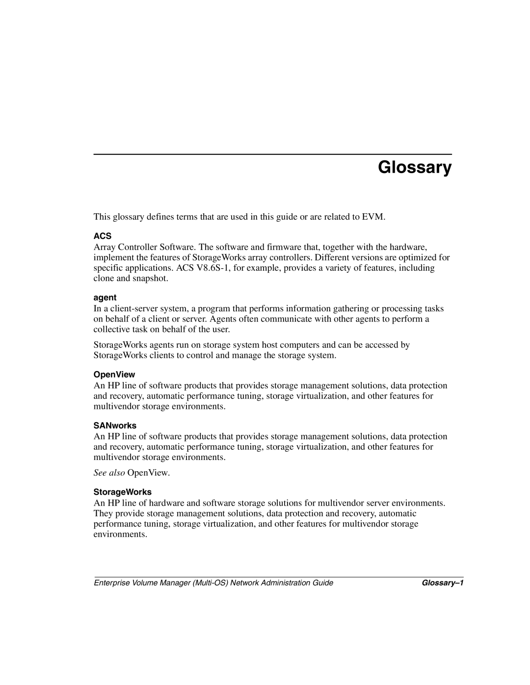 HP Enterprise Volume Manager Software manual Glossary, Agent, OpenView, SANworks, StorageWorks 