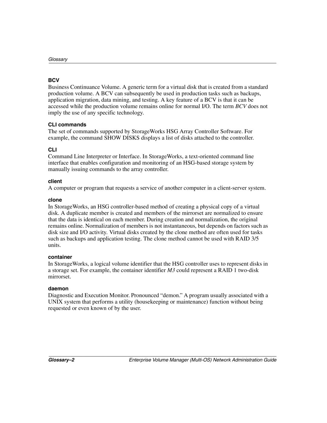 HP Enterprise Volume Manager Software manual CLI commands, Client, Clone, Container, Daemon 