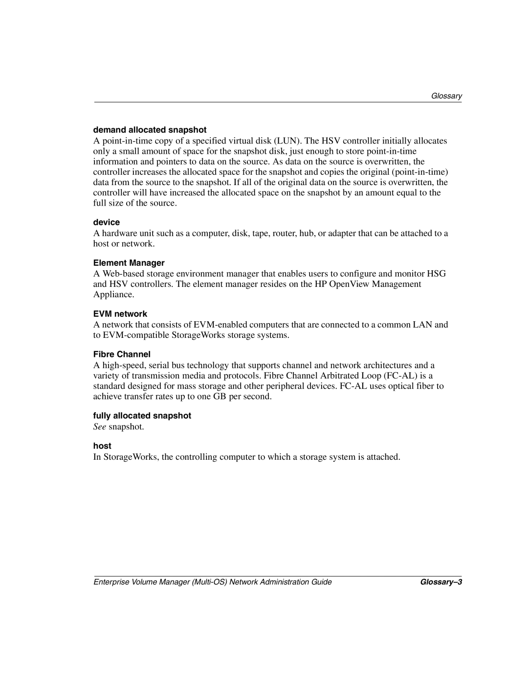 HP Enterprise Volume Manager Software Demand allocated snapshot, Device, Element Manager, EVM network, Fibre Channel, Host 