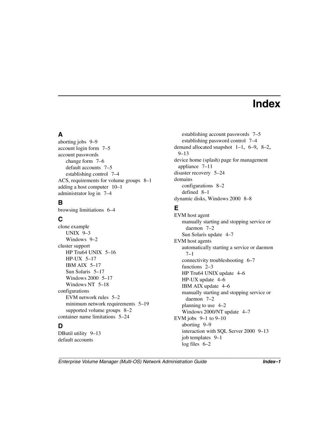 HP Enterprise Volume Manager Software manual Index 