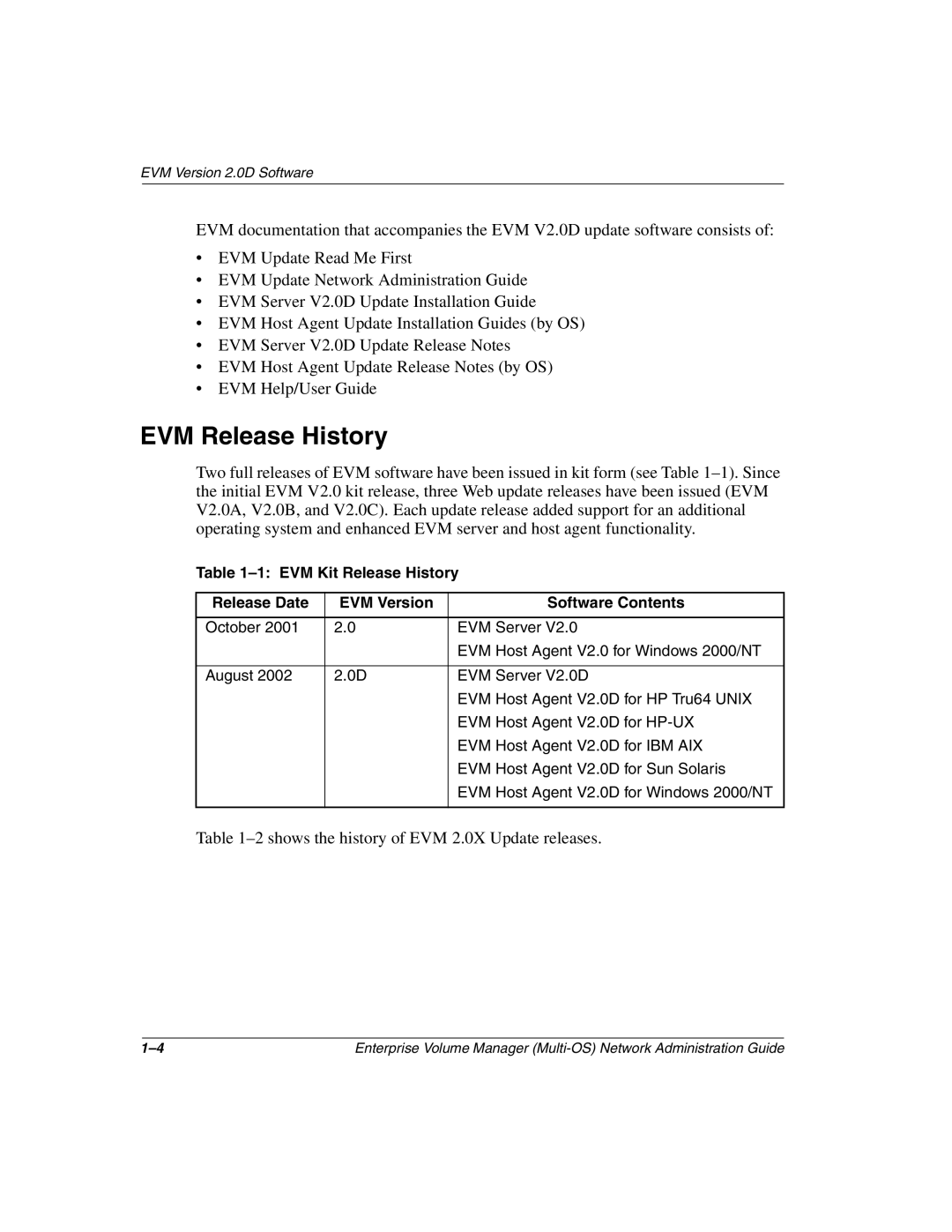 HP Enterprise Volume Manager Software manual EVM Release History, Shows the history of EVM 2.0X Update releases 