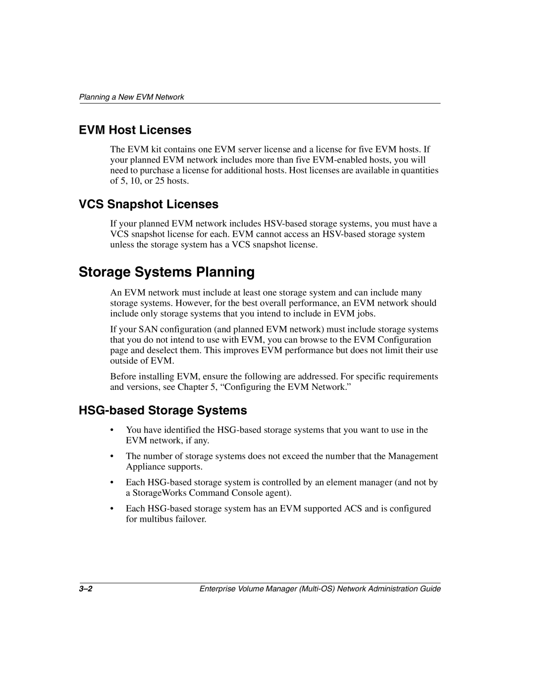 HP Enterprise Volume Manager Software manual Storage Systems Planning, EVM Host Licenses, VCS Snapshot Licenses 