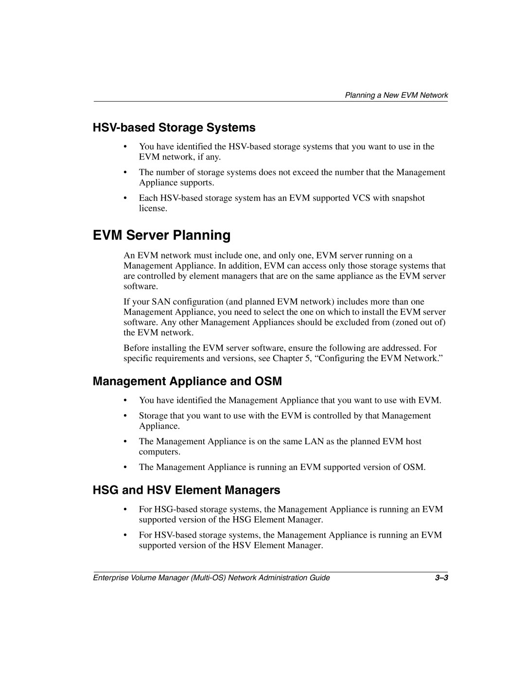 HP Enterprise Volume Manager Software manual EVM Server Planning, HSV-based Storage Systems, Management Appliance and OSM 