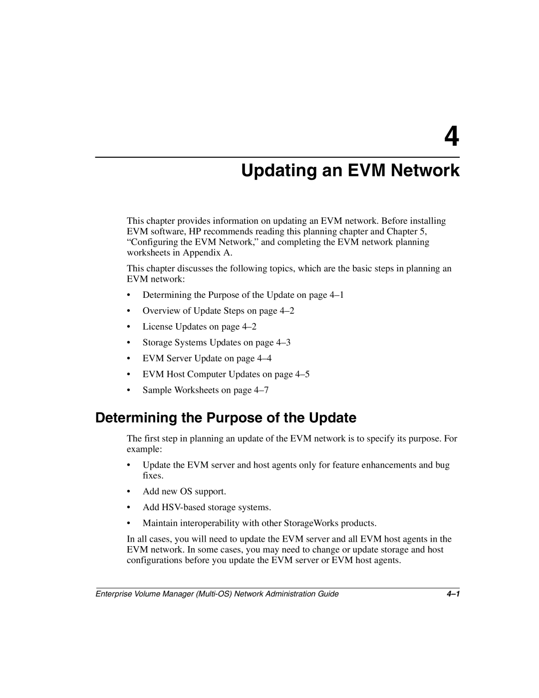 HP Enterprise Volume Manager Software manual Updating an EVM Network, Determining the Purpose of the Update 