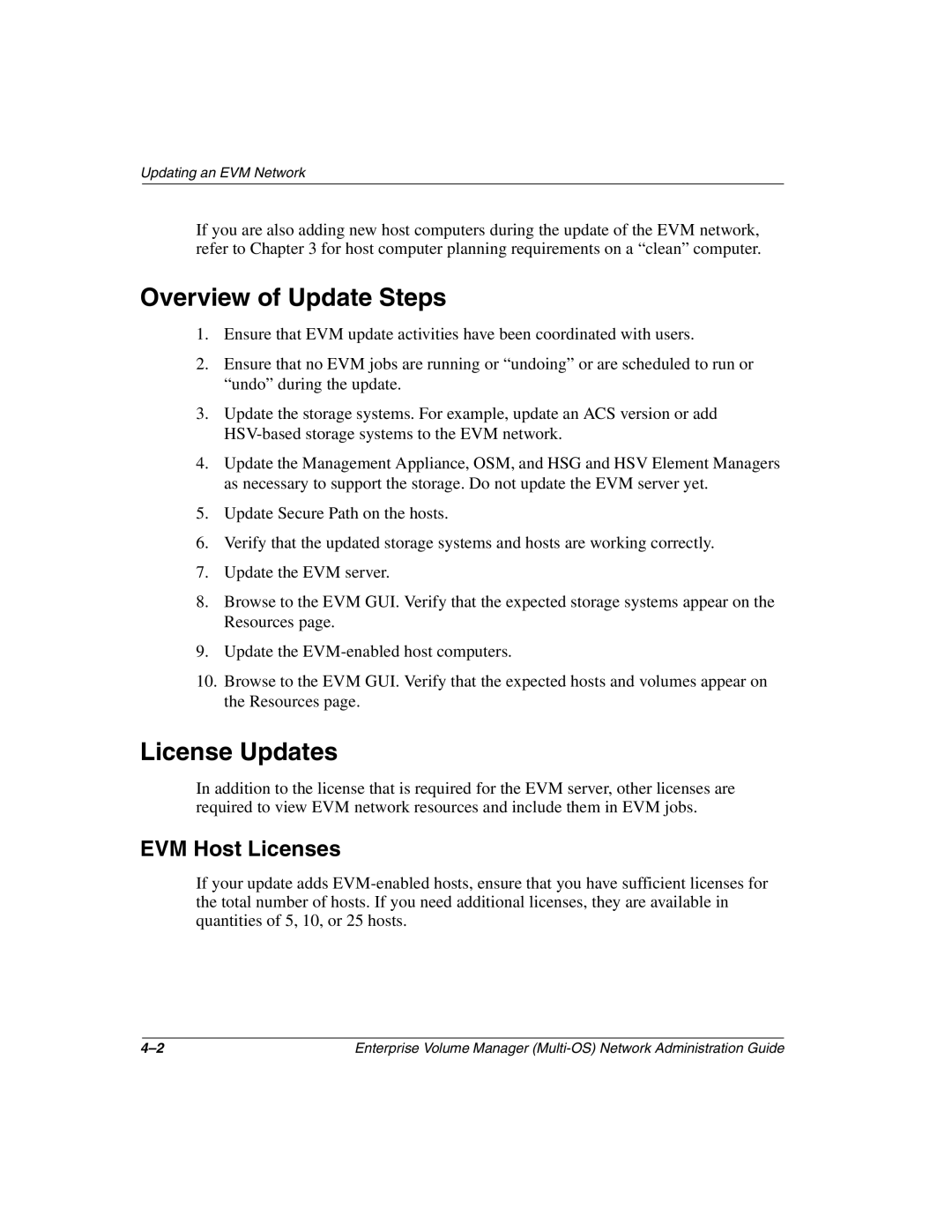 HP Enterprise Volume Manager Software manual Overview of Update Steps, License Updates 