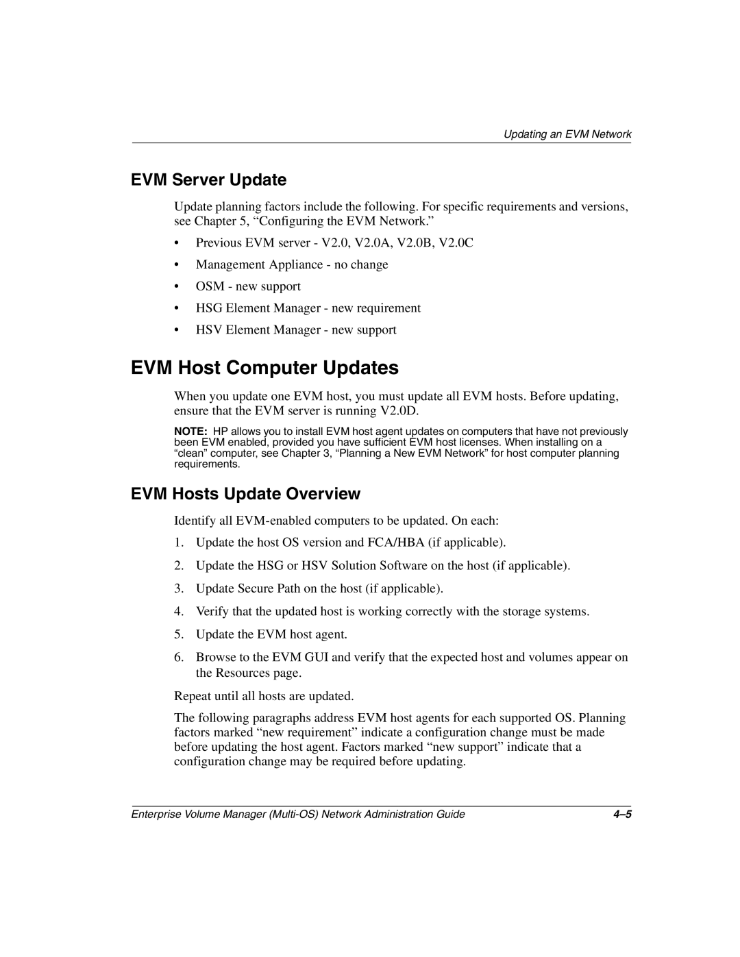 HP Enterprise Volume Manager Software manual EVM Host Computer Updates, EVM Server Update, EVM Hosts Update Overview 