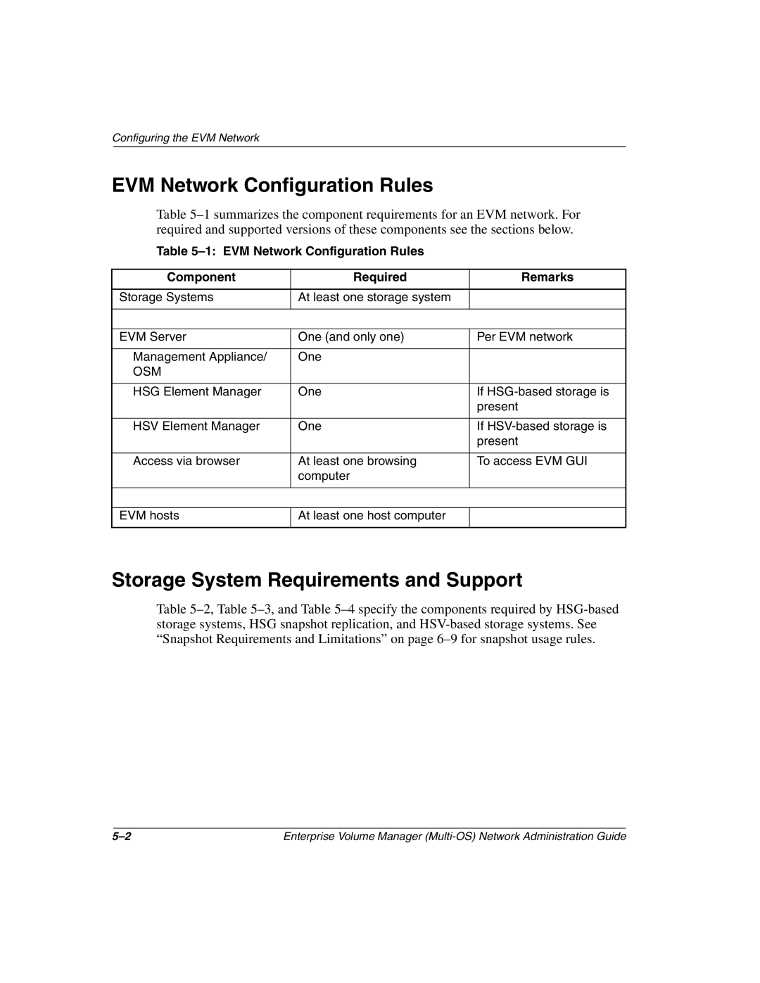 HP Enterprise Volume Manager Software manual EVM Network Configuration Rules, Storage System Requirements and Support 