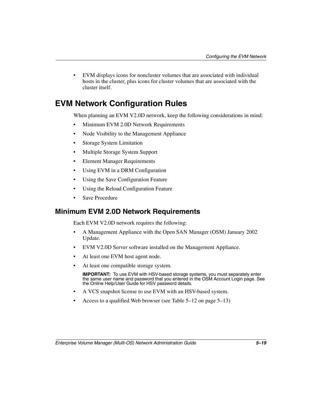 HP Enterprise Volume Manager Software manual EVM Network Configuration Rules, Minimum EVM 2.0D Network Requirements 