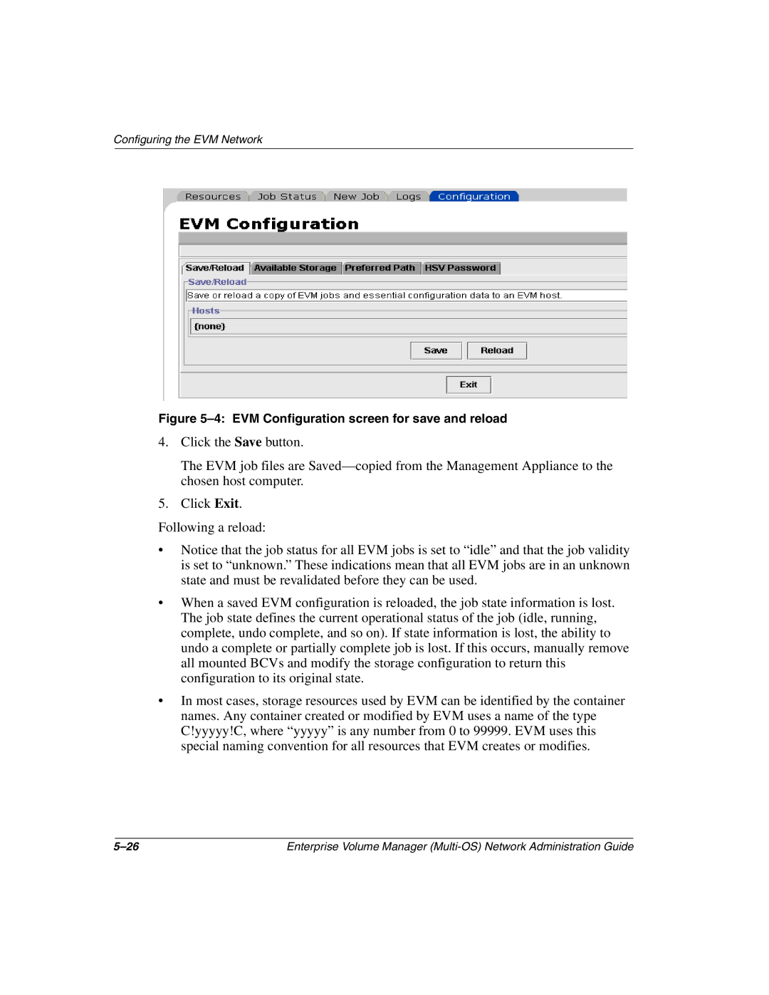 HP Enterprise Volume Manager Software manual EVM Configuration screen for save and reload 