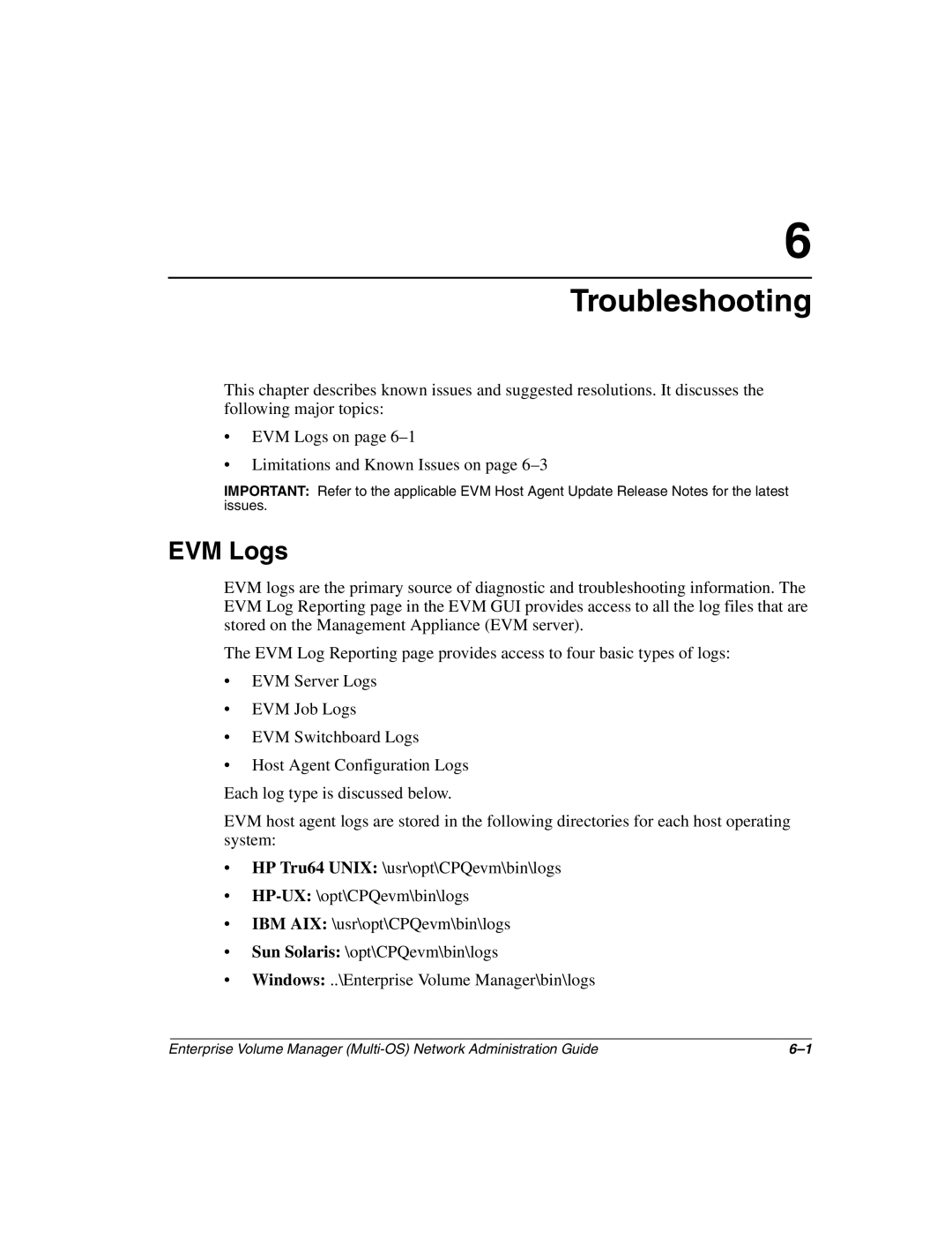 HP Enterprise Volume Manager Software manual Troubleshooting, EVM Logs 