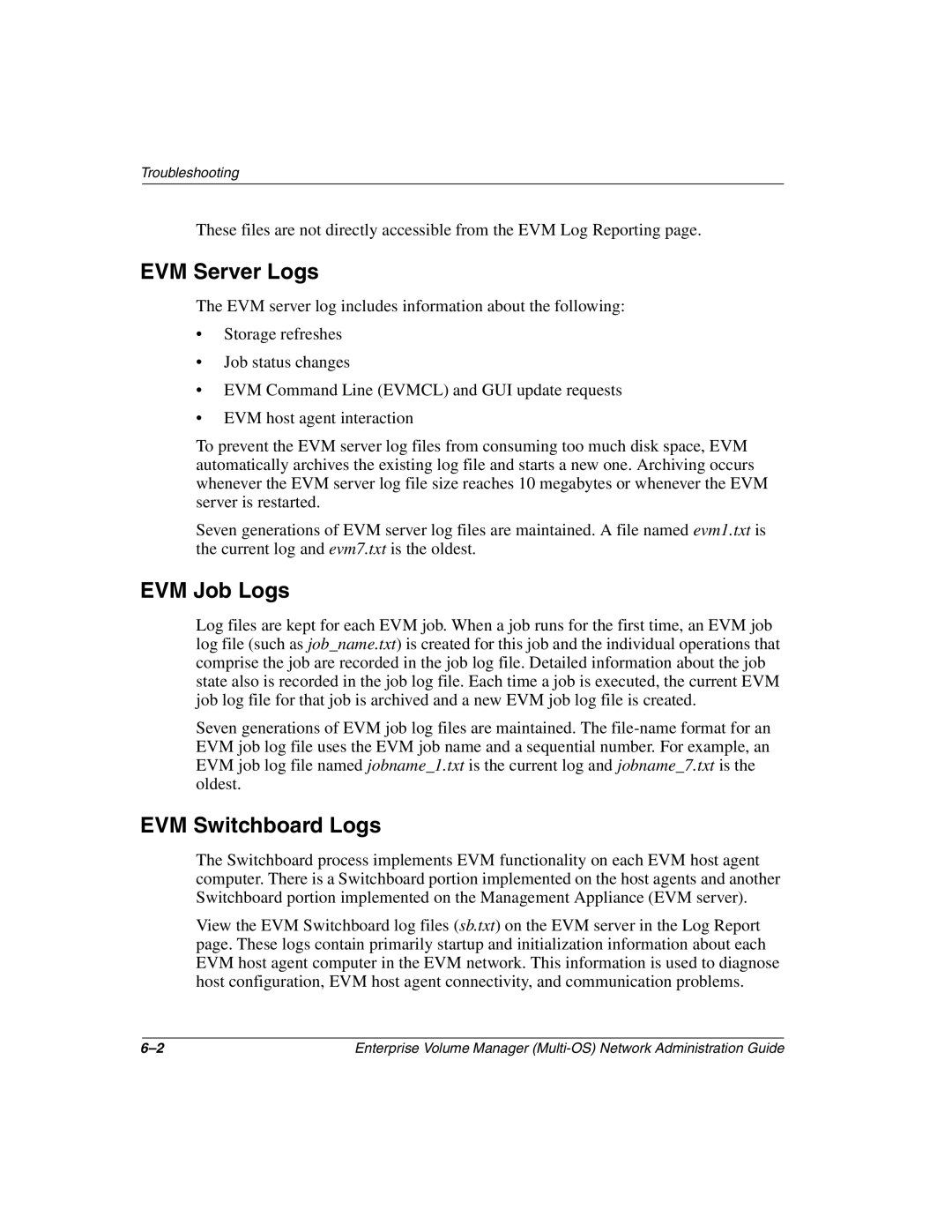 HP Enterprise Volume Manager Software manual EVM Server Logs, EVM Job Logs, EVM Switchboard Logs 