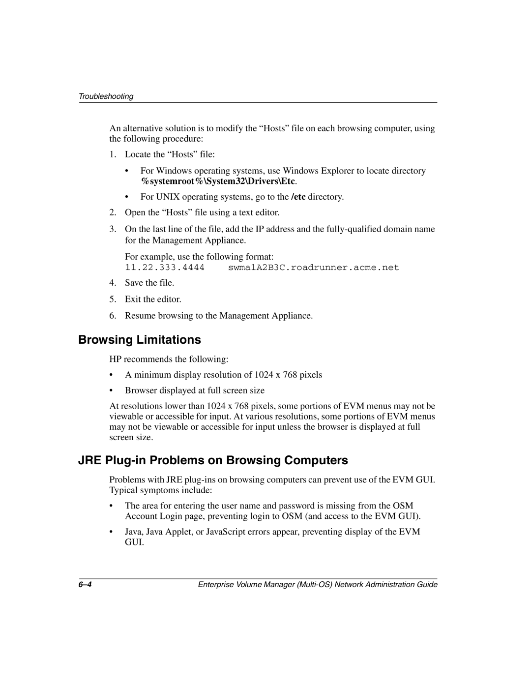 HP Enterprise Volume Manager Software manual Browsing Limitations, JRE Plug-in Problems on Browsing Computers 