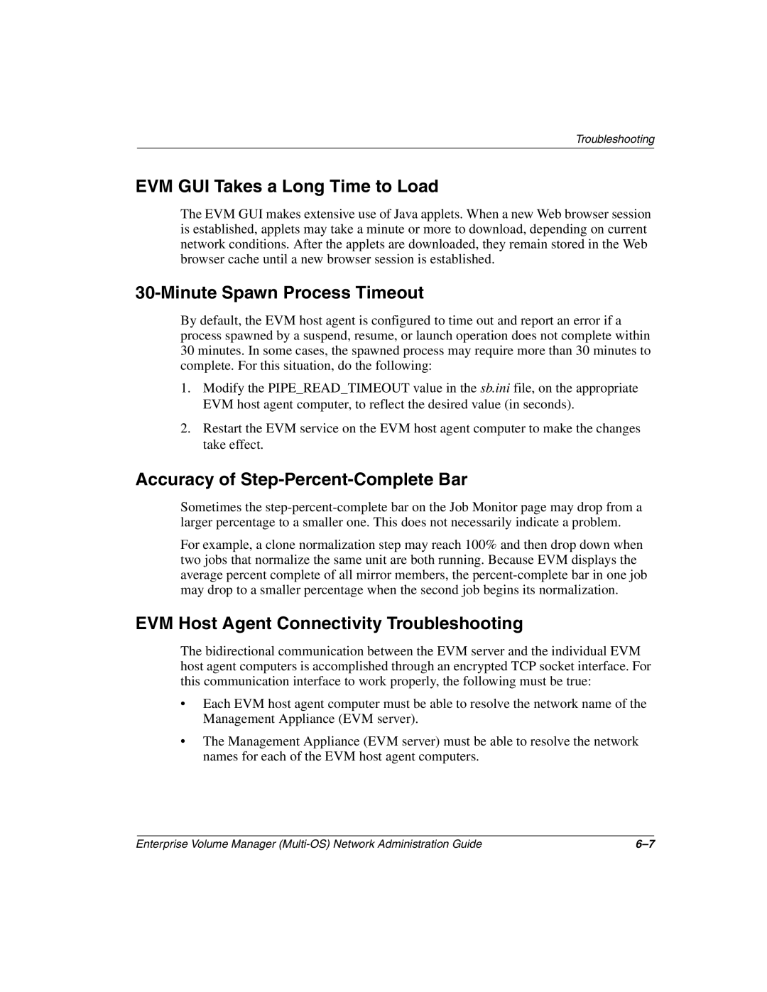 HP Enterprise Volume Manager Software manual EVM GUI Takes a Long Time to Load, Minute Spawn Process Timeout 