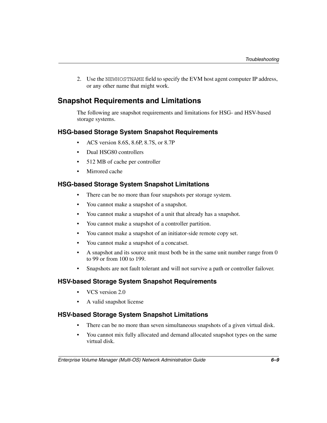 HP Enterprise Volume Manager Software Snapshot Requirements and Limitations, HSG-based Storage System Snapshot Limitations 