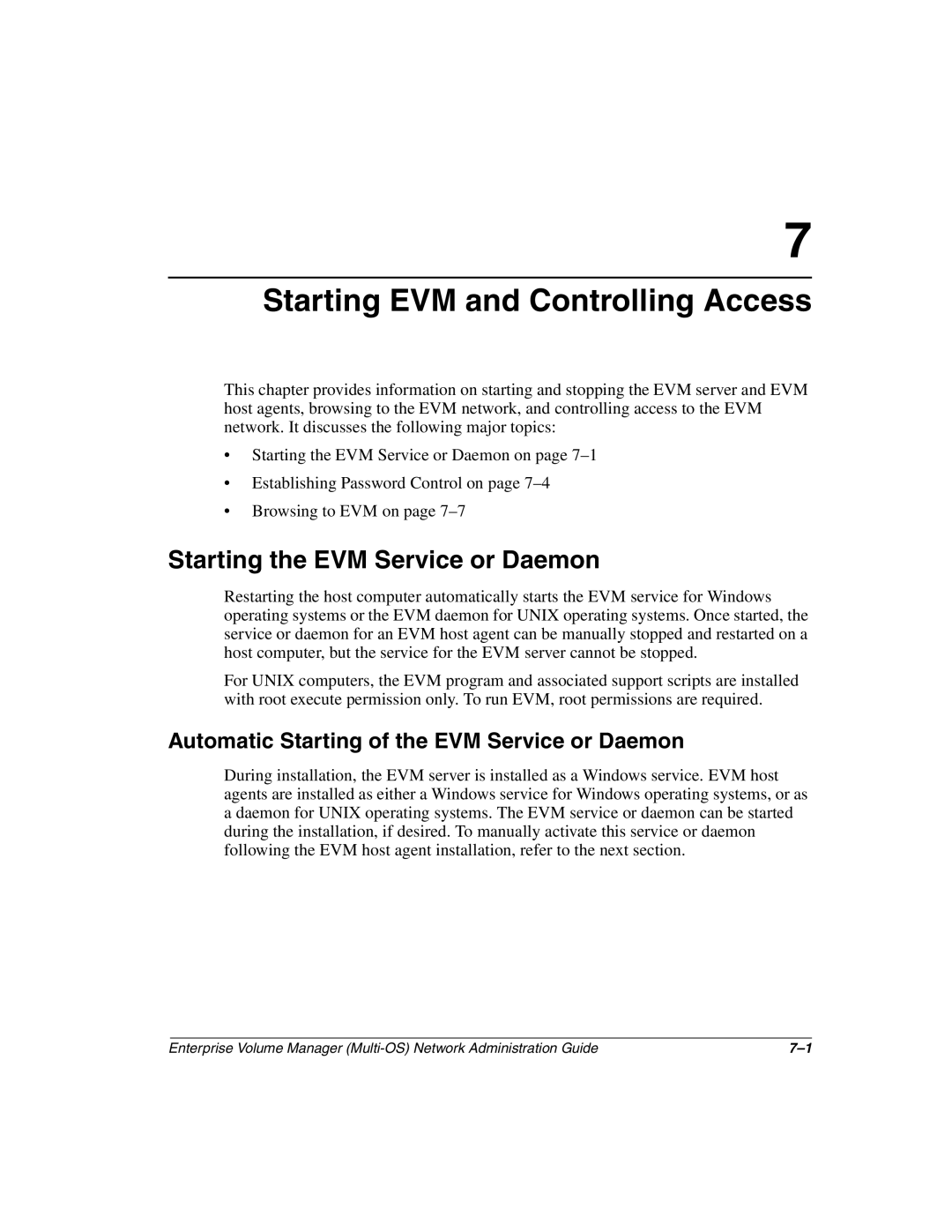 HP Enterprise Volume Manager Software manual Starting EVM and Controlling Access, Starting the EVM Service or Daemon 