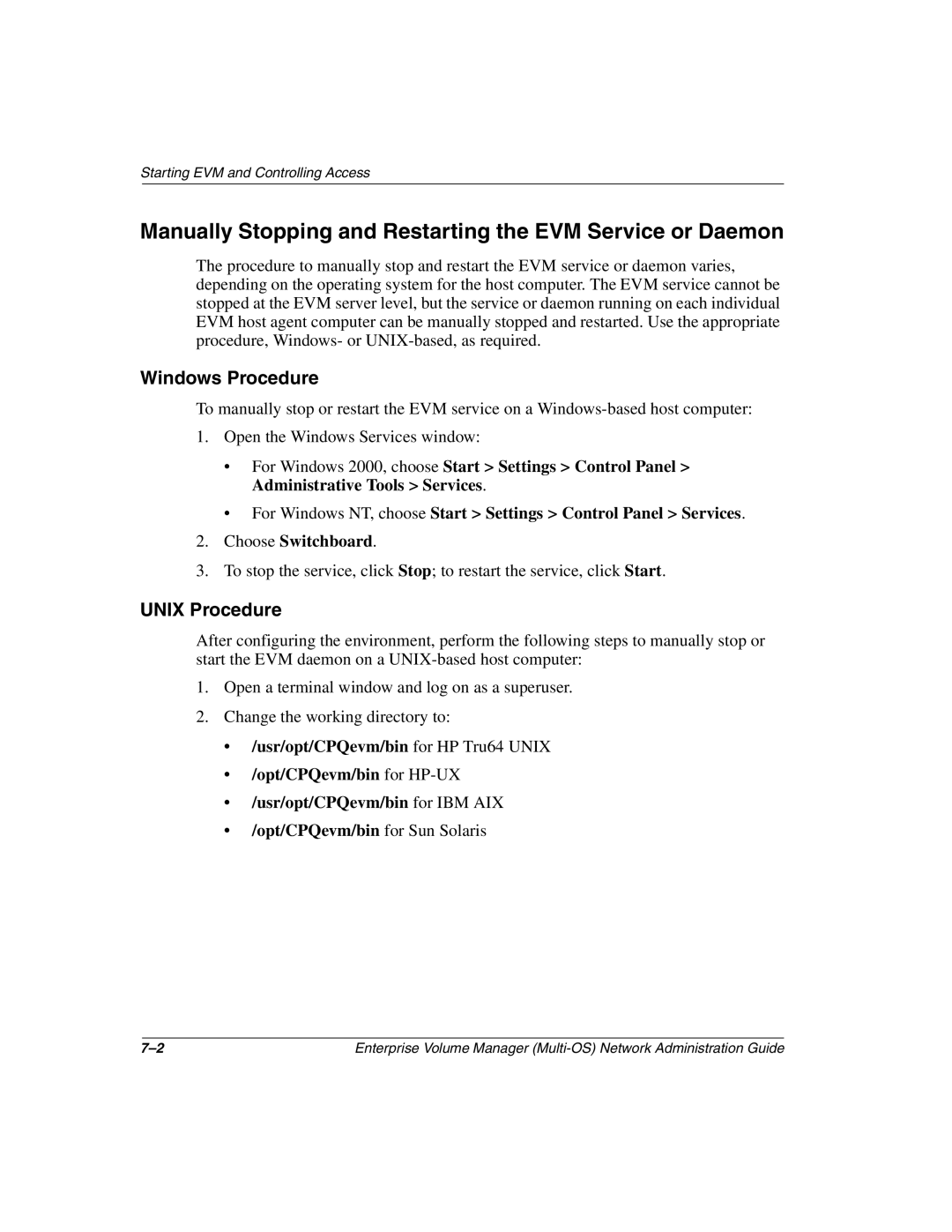 HP Enterprise Volume Manager Software manual Manually Stopping and Restarting the EVM Service or Daemon, Windows Procedure 