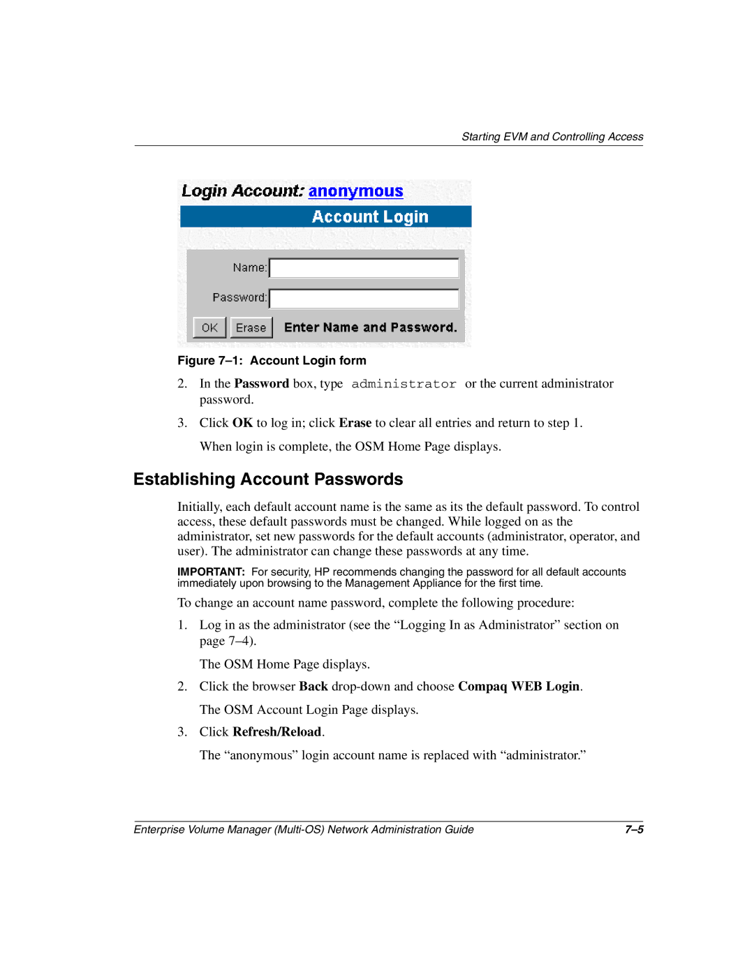 HP Enterprise Volume Manager Software manual Establishing Account Passwords, Account Login form 