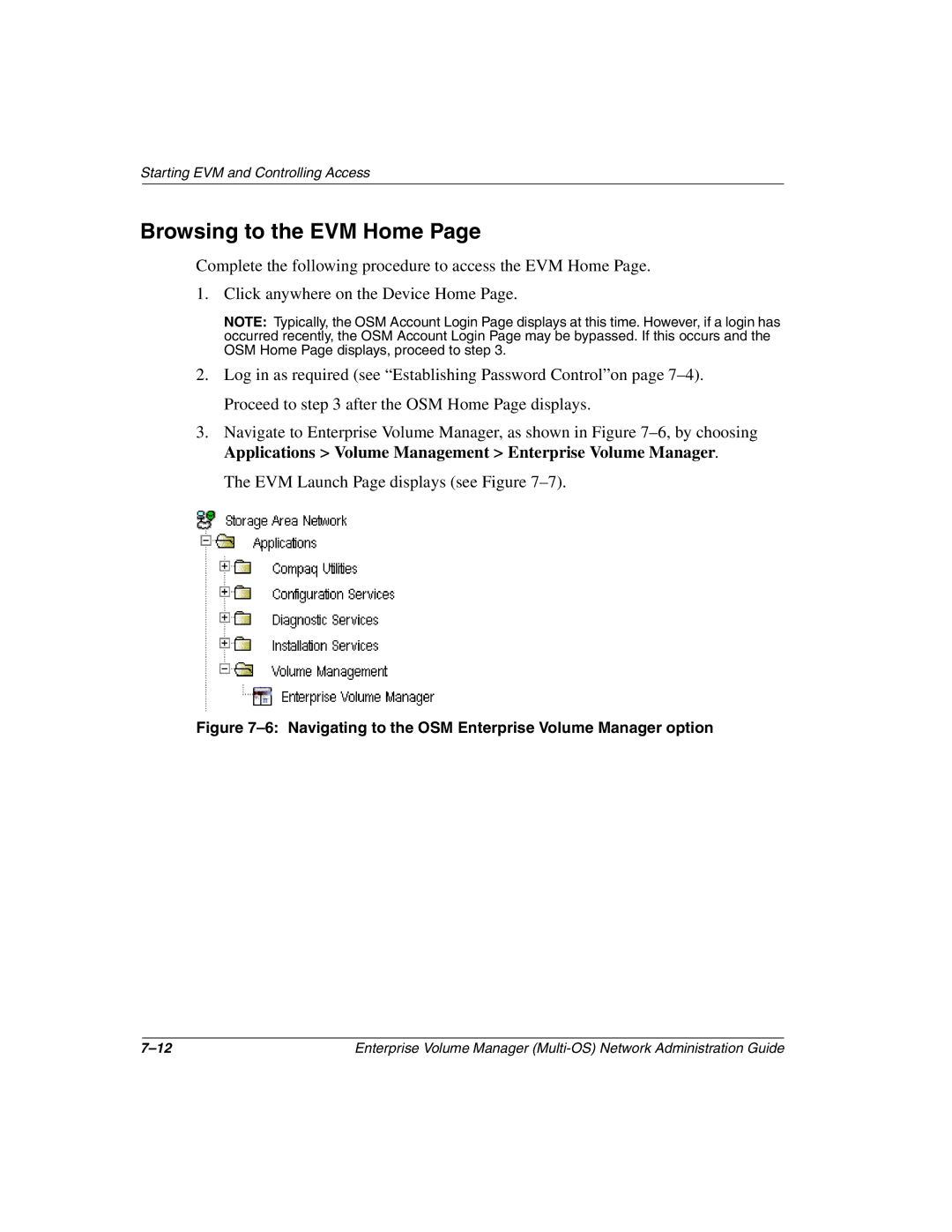 HP Enterprise Volume Manager Software Browsing to the EVM Home, Navigating to the OSM Enterprise Volume Manager option 