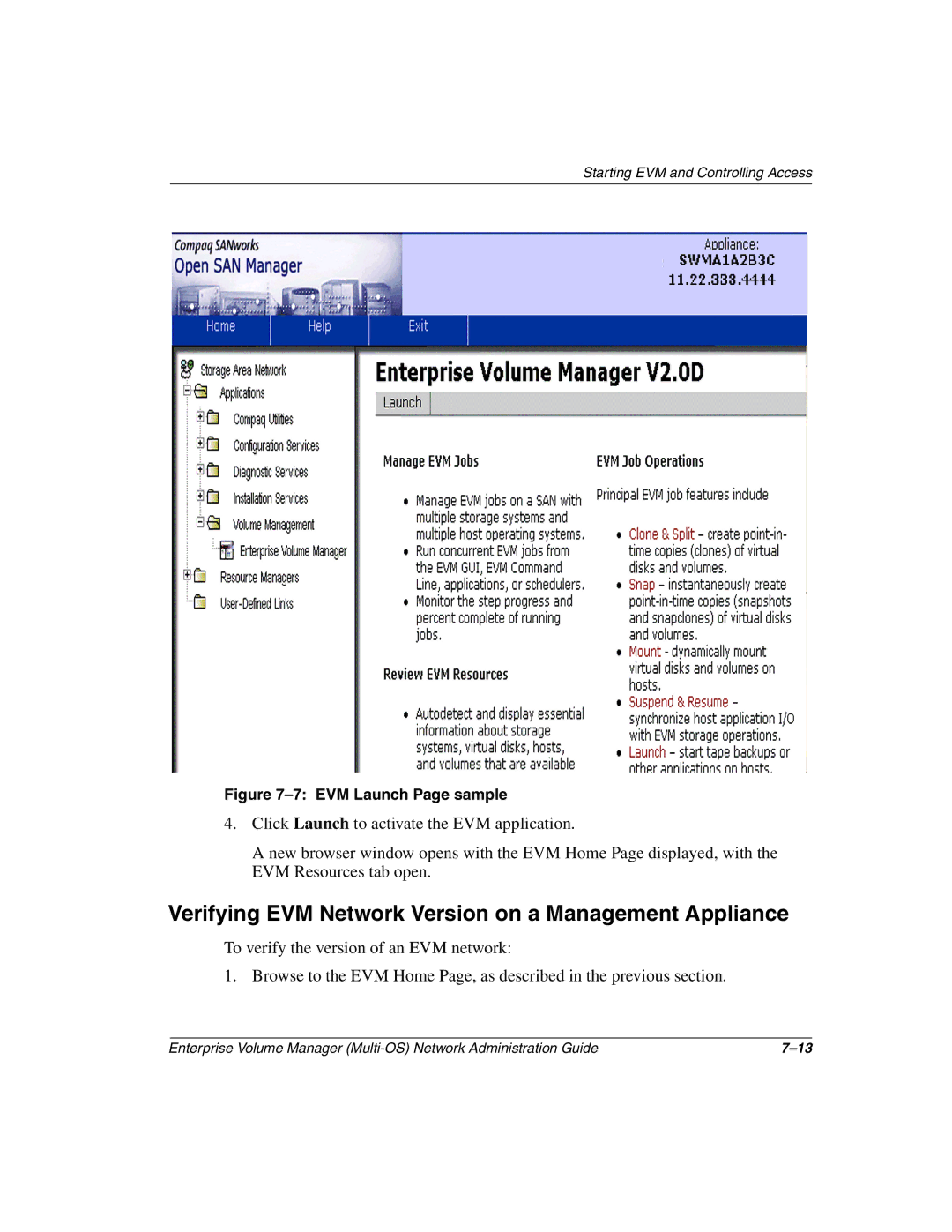 HP Enterprise Volume Manager Software Verifying EVM Network Version on a Management Appliance, EVM Launch Page sample 