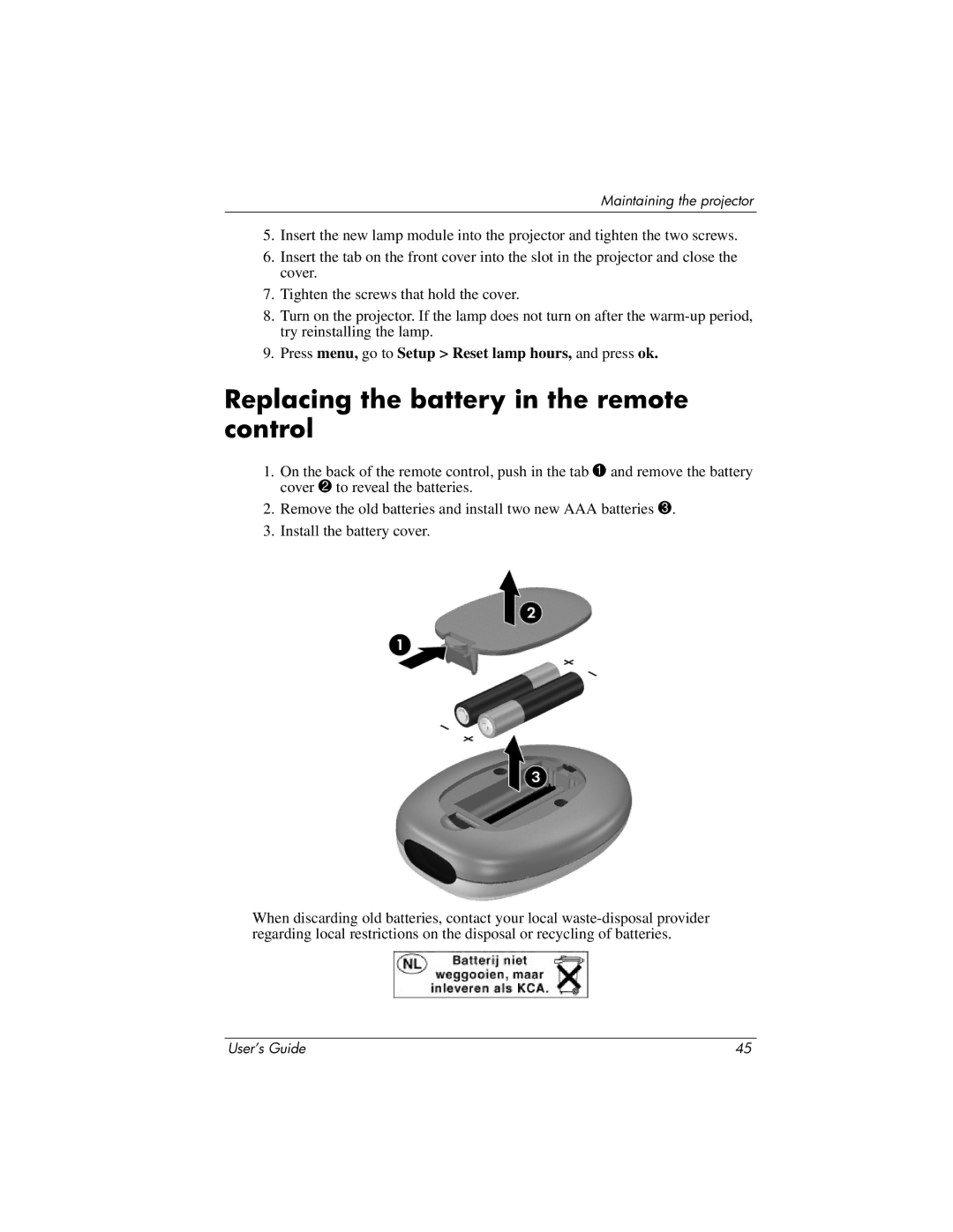 HP ep7100 manual Replacing the battery in the remote control 