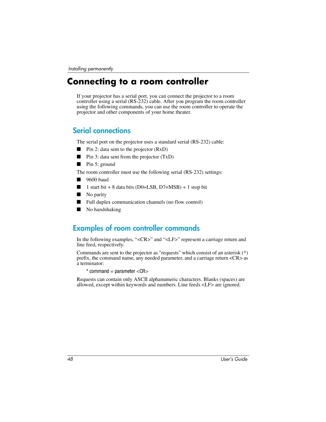 HP ep7100 manual Connecting to a room controller, Serial connections, Examples of room controller commands 